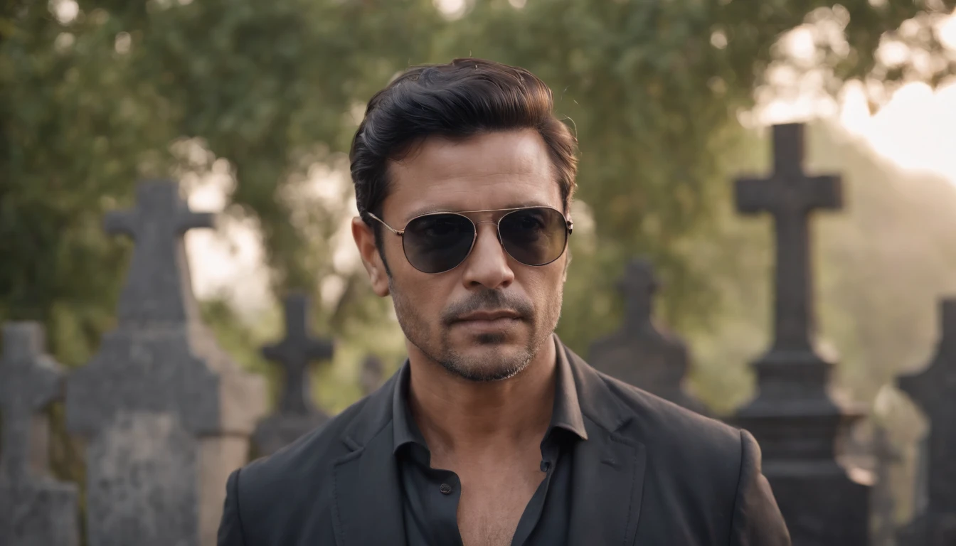 realistic image in 8k of a 40-year-old man, black hair, tanned skin, Brazilian features, dressed all in black and with sunglasses, sad expression, in a Brazilian cemetery, morning