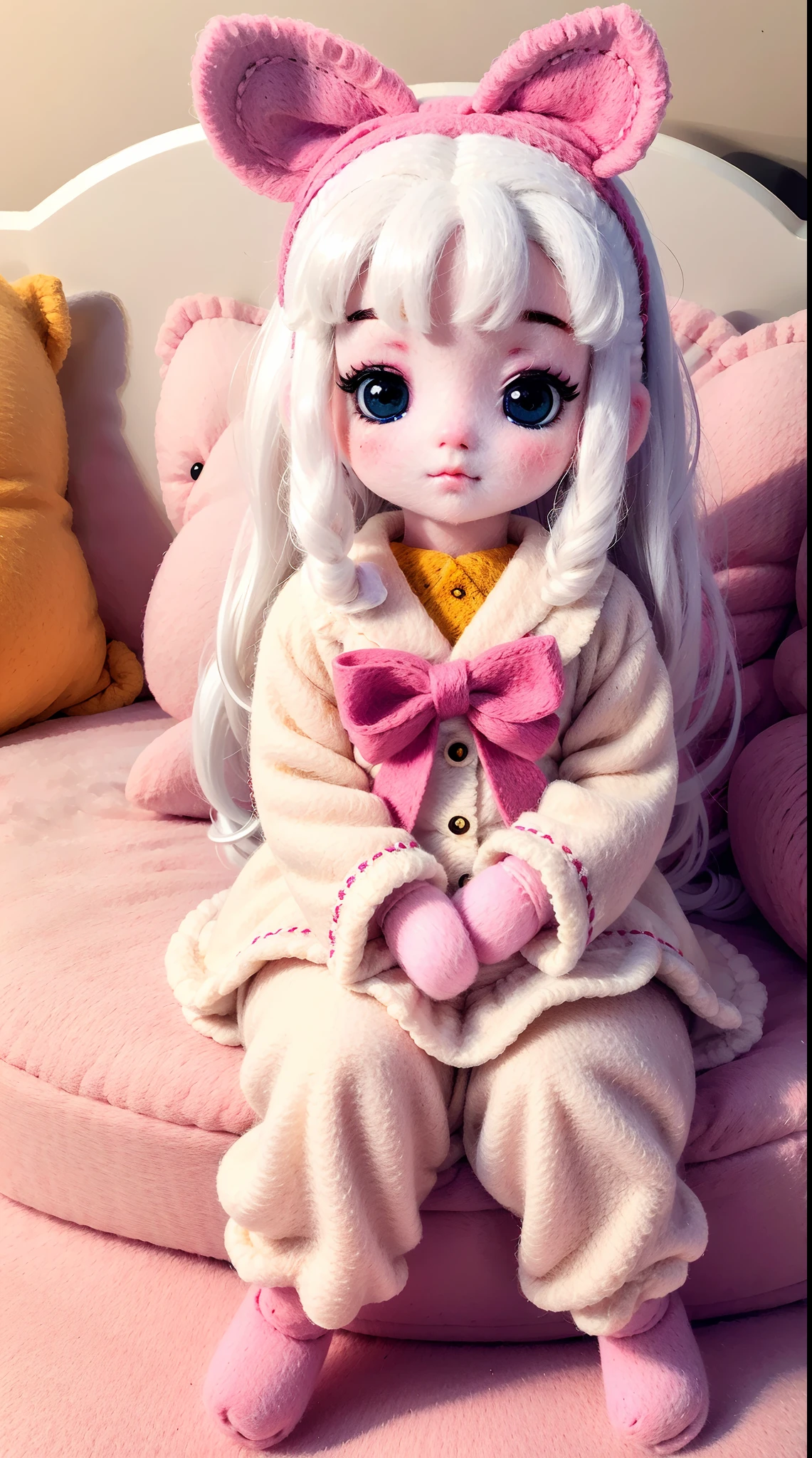 wool felt，Felt，plush ，adolable，Masterpiece, Best quality, Super detailed, illustration, Beautiful eyes, Close up, A girl. It is white hair, Pink bow, Yellow pajamas,sit on a bed.