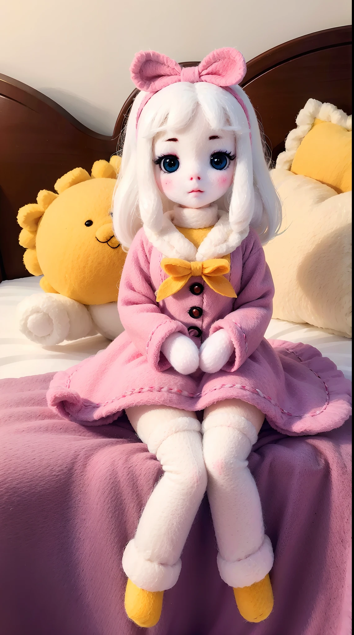 wool felt，Felt，plush ，adolable，Masterpiece, Best quality, Super detailed, illustration, Beautiful eyes, Close up, A girl. It is white hair, Pink bow, Yellow pajamas,sit on a bed.