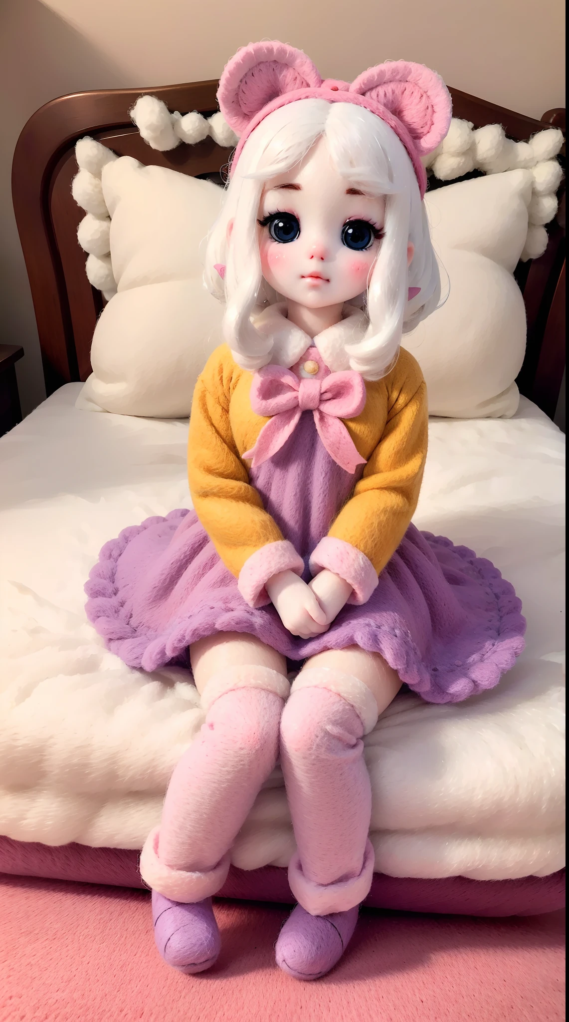 wool felt，Felt，plush ，adolable，Masterpiece, Best quality, Super detailed, illustration, Close up, A girl. It is white hair, Pink bow, dress in yellow,sit on a bed.