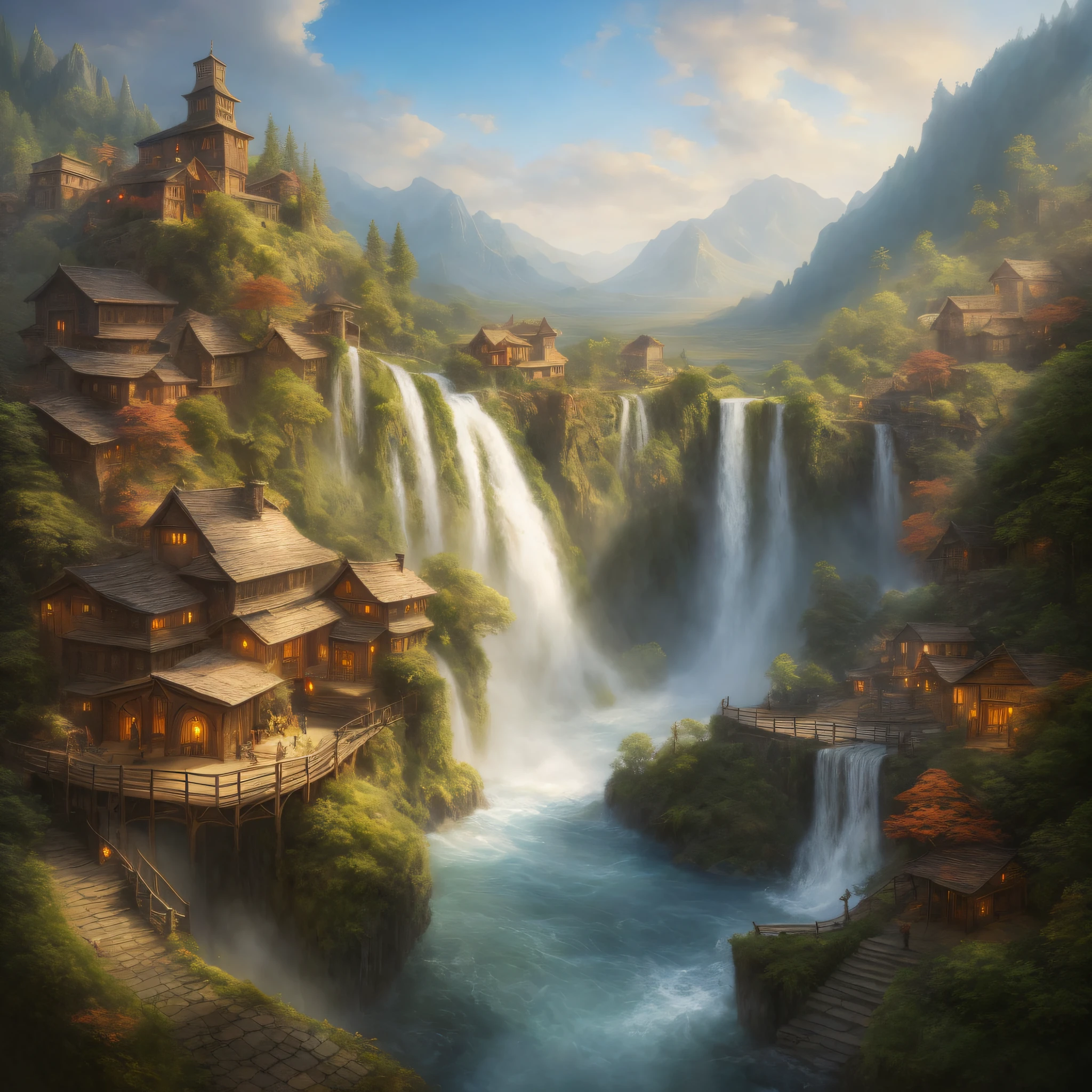 Painting of a waterfall and a village in a mountainous area, epic rivendell fantasy, Directed by: Franz Hegi, Ryan Dyar, realistic fantasy illustration, Rivendell, Pintura digital de fantasia, Directed by: Johannes Voss, Cidade da fantasia de Medeival, arte digital de fantasia detalhada, fantasy town setting, pintura digital bonita, Cidade da Fantasia, Fantasia pintura fosca,fofo