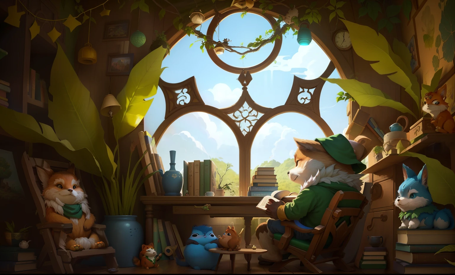 There's a cartoon character sitting on a chair in a room, arte conceitual relaxante, Arte de fundo, Teemo de League of Legends, em sua casa hobbit, in a tree house, arte de fundo interior, Fundo da Biblioteca Alquimista, animation movie still, Hangout da tarde, arte conceitual zootopia, olhando para fora, Wide shot of the storybook :: disco Rigido, random background scene, arte de fundo