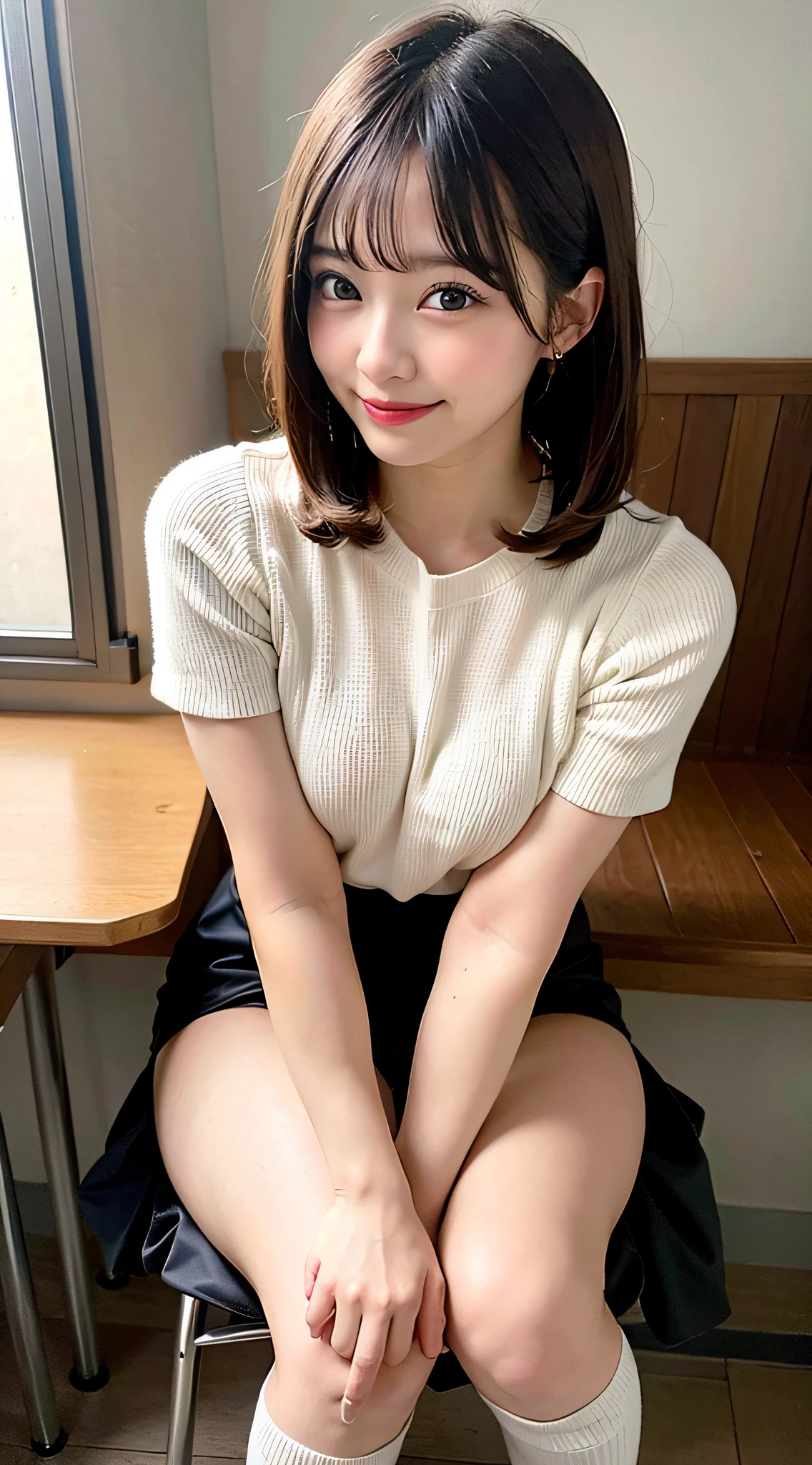 (8K, Raw photo:1.2), Detailed face and eyes,Best Quality, 超A high resolution, Highly detailed ,intricate detailes ,masutepiece ,Cute Girl , Soft cinematic light, Hyper-detailing,Sharp Focus, High quality, Blonde hair, bob cuts, tits out, (((Ivory color business suit top and bottom)))、See-through blouses and see-through bras、Minuscule panties、Small micro panties、Pubic hair can be seen through the lace of the panties、(((Panties are brightly colored lingerie panties made of lace material)))、(((See all panties)))、(((The skirt is definitely worn)))、(((Lift skirt hem)))、Sit in a triangle with your thighs slightly inward、panties focus、Detailed lace panty pattern、(((Lifting skirt while standing to show off panties to camera)))、(((Lift the skirt bigger and bigger、Show your panties to the camera)))