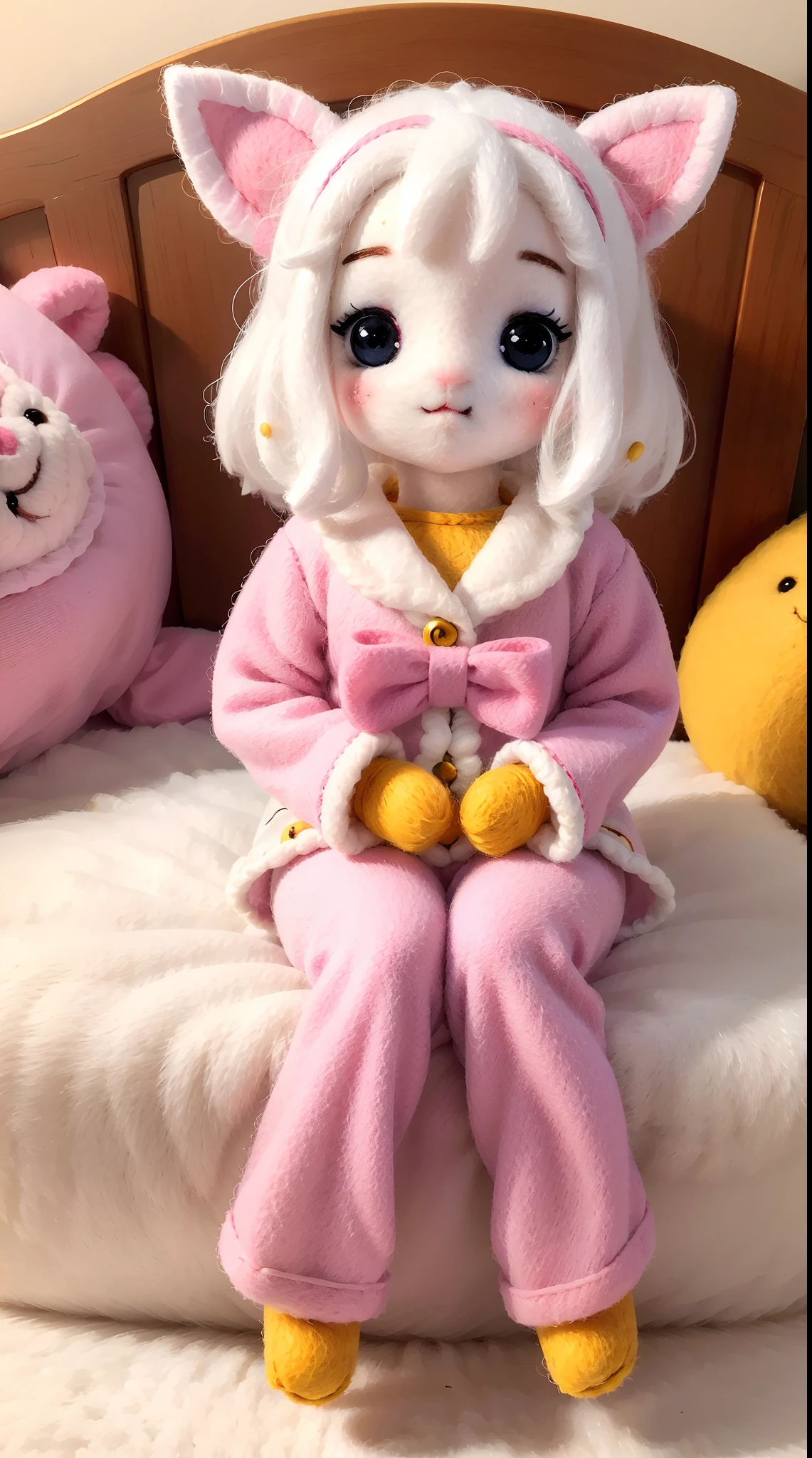 wool felt,Felt,plush ,adolable,Masterpiece, Best quality, Super detailed, illustration, Beautiful eyes, Close up, A girl. It is white hair, Pink bow, Yellow pajamas,sit on a bed.