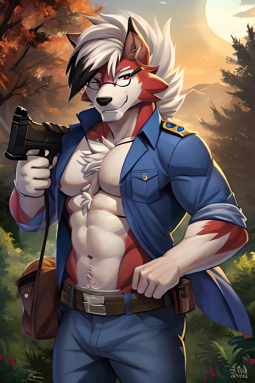 seguro, Beautiful, incredible, impressionante, poster, sozinho, (Twilight Lycanroc), antro, Clothes, Capuz, jeans, Pants, coffee cup, bebida, Round Eyewear, Antecedentes detalhados, cidade, Outside, corpo fisico forte, grande peitorais estufados marcado na roupa de guerra alemanha grandes, usando roupas da segunda guerra alemanha , jaqueta de couro, with a gun in hand, com chapeu de general, macho, man, men