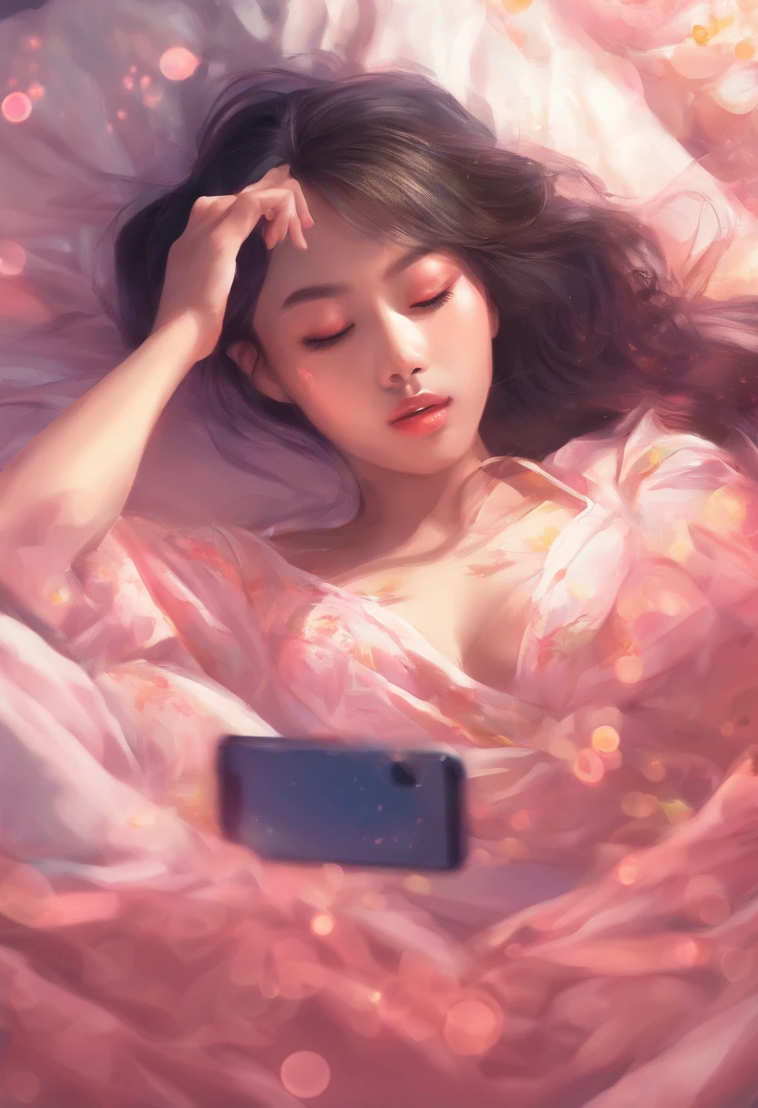 1 Asian woman lying in bed looking at mobile phone screen, anime, imagem bonita