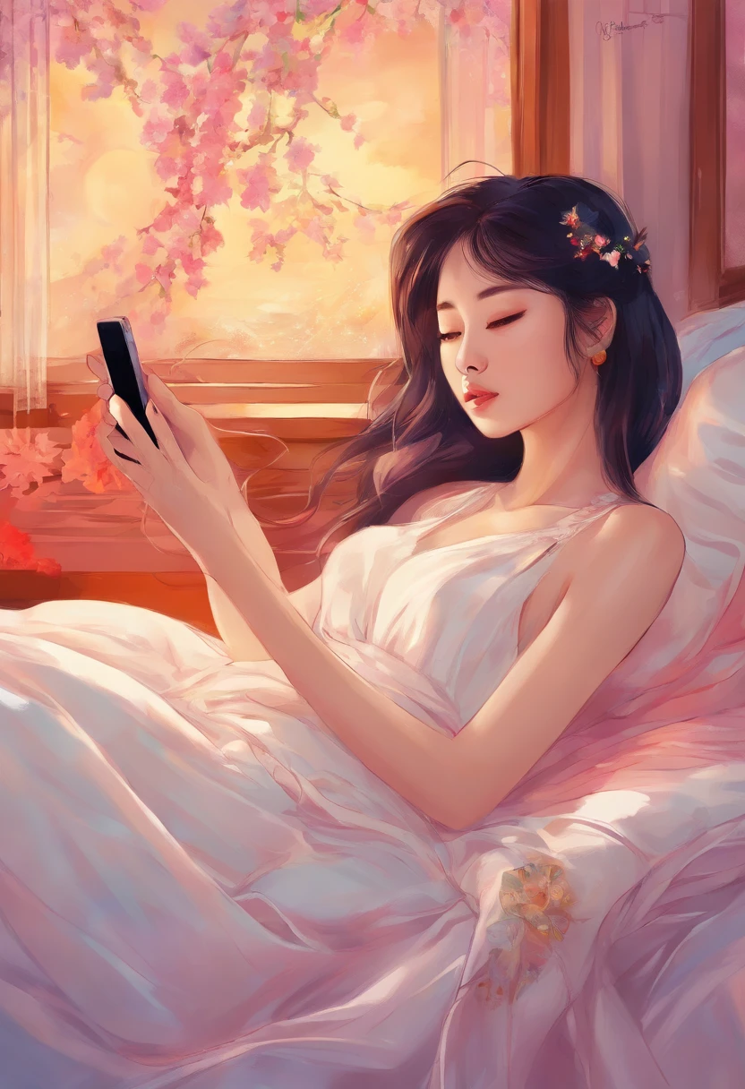 1 Asian woman lying in bed looking at mobile phone screen, anime, imagem bonita