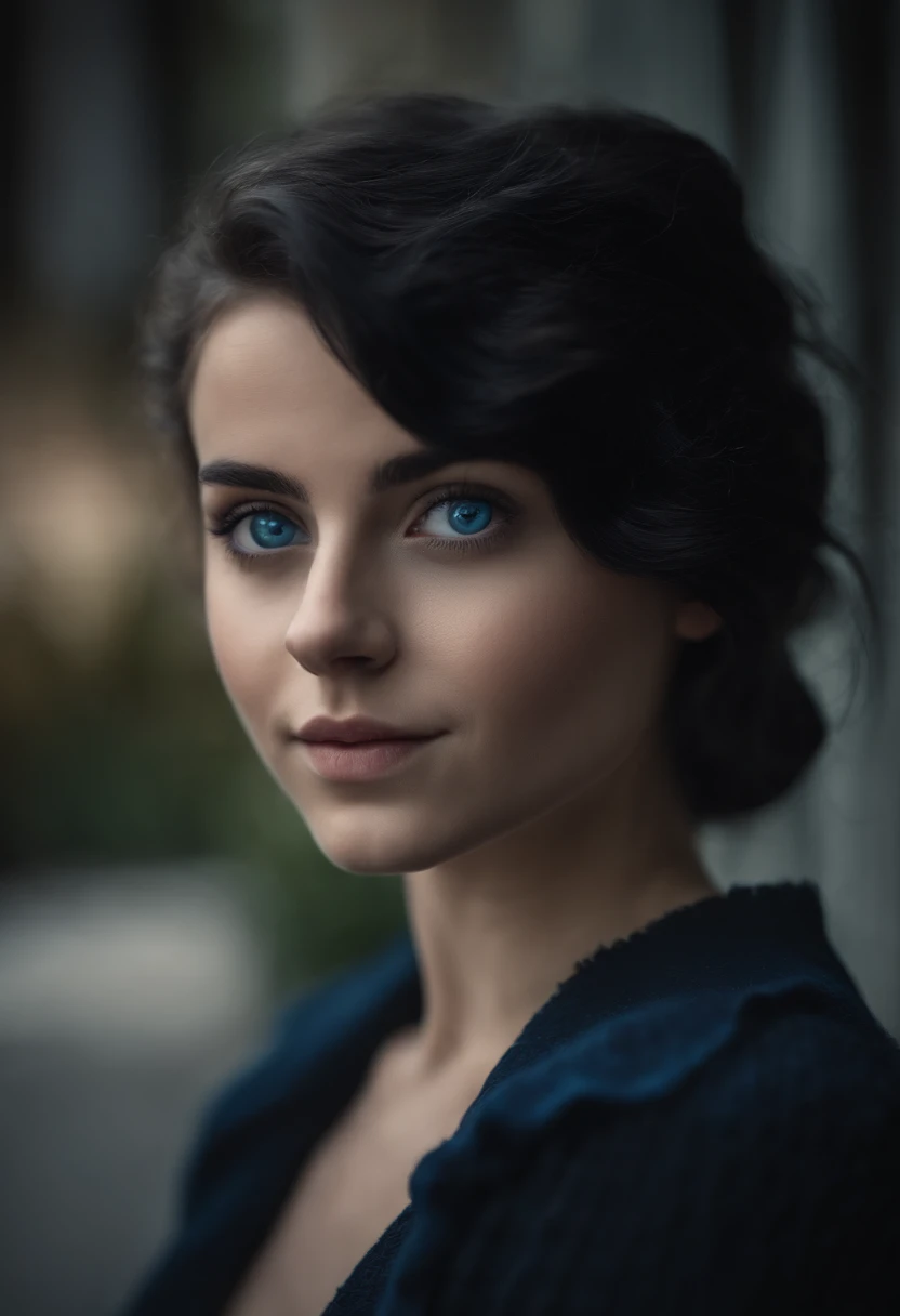 very realistic, blue eyes, black and blue hair, wears cuter, sharp nose, 15 years old, big eyes, faint smile, closed clothes, graceful, beautiful eyes