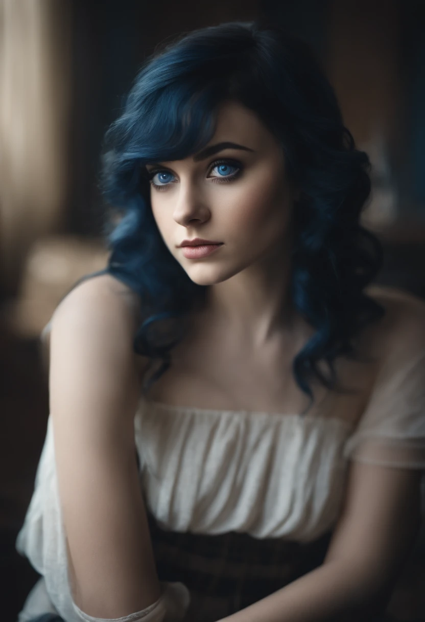 very realistic, blue eyes, black and blue hair, wears cuter, sharp nose, , big eyes, faint smile, closed clothes, graceful, beautiful eyes