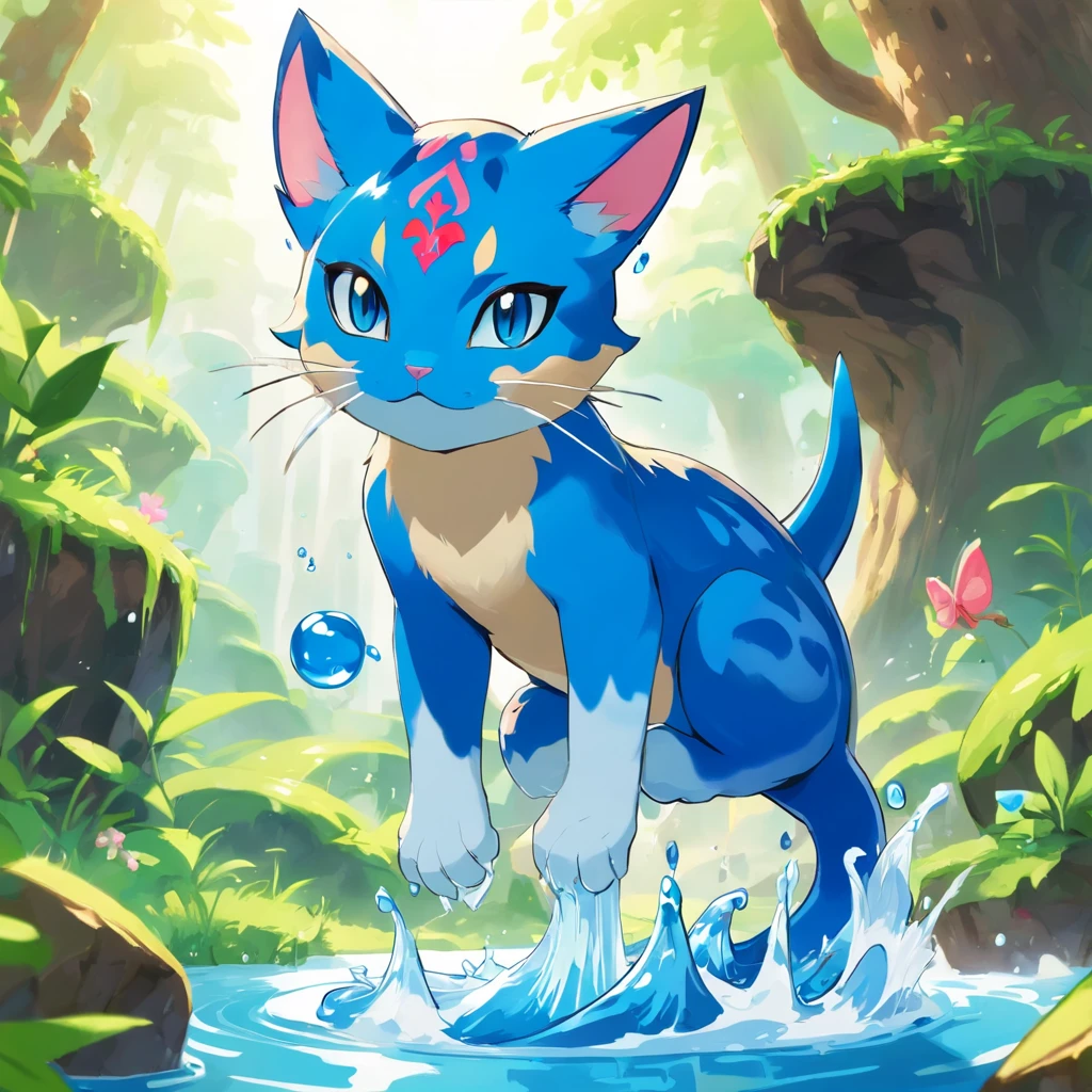 Mew made of water slime, vivid light blue and blue, dripping with water and slime, causing tsunamis, masterpiece, best quality