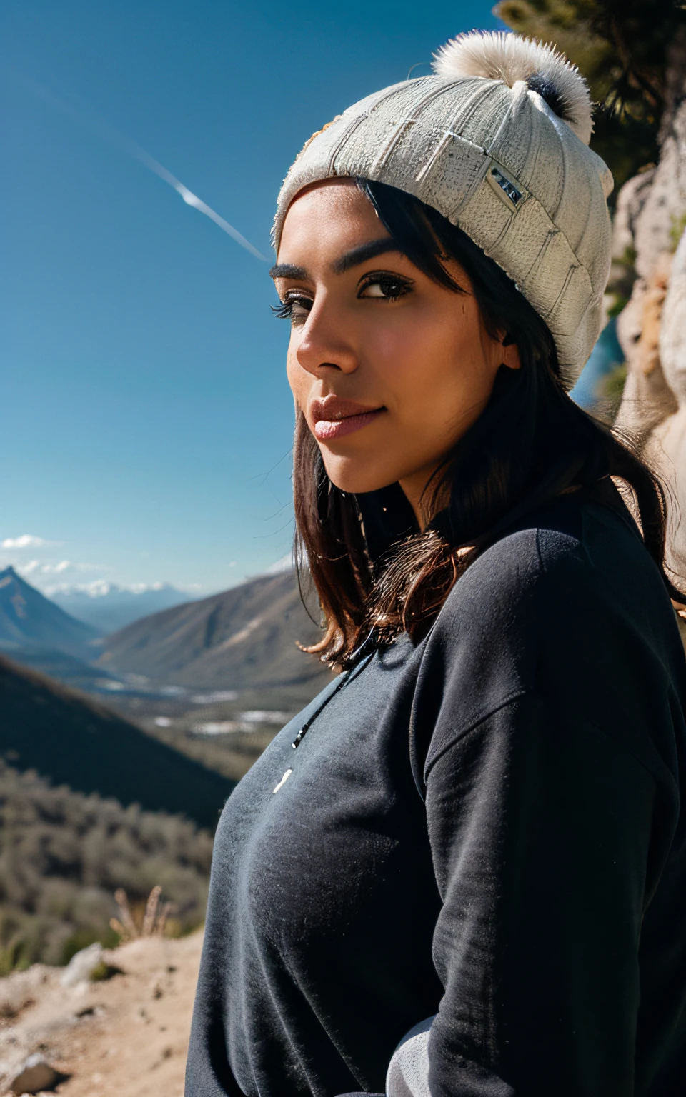 fotorrealista, La mejor calidad, hiper detallado, beautiful woman, Foto selfie, Todo el cuerpo, Uso de blusa, falda ajustada, al aire libre, (Noche), Mountains, Naturaleza de la vida real, Estrellas, luna, (alegre, feliz), saco de dormir, Guantes, pullover, Beanie, linterna, bosque, Rocas, Kali, madera, humo, diente, cielo despejado, analog style, Mirando al espectador, textura de la piel, Film grain, cerrar, ultra-high-resolution, Mejor sombra, .RAW, instagram LUT