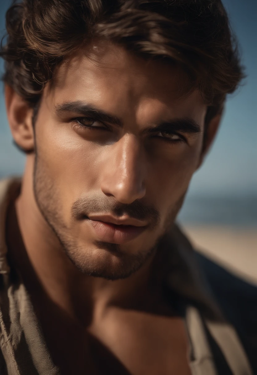 Handsome Brazilian man, 27 years old, 171 tall, 96 kilos, 1% fat, perfect symmetrically muscular body, muscular chest, Beautiful oval and symmetrical face, short hair, Head-to-toe open-plan image, no clothes, on the beach deserted, photography, masterpiece, realistic, Realism, rendered, high contrast, digital art photographyrealistic trend in Artstation 8k HD high definition detailed realistic, detailed, skin texture, hyper detailed, realistic skin texture, armor, best quality, Ultra high nothing, (photorealistic: 1.4), high resolution, detailed, raw photography, sharp re, by Lee Jeffries Nikon D850 film Stock Photography 4 Kodak Portra 400 camera F1.6 lenses: rich colors, hyper realistic texture, UnrealEngine, Dramatic texture, Trend in Artstation Cinestill 800.