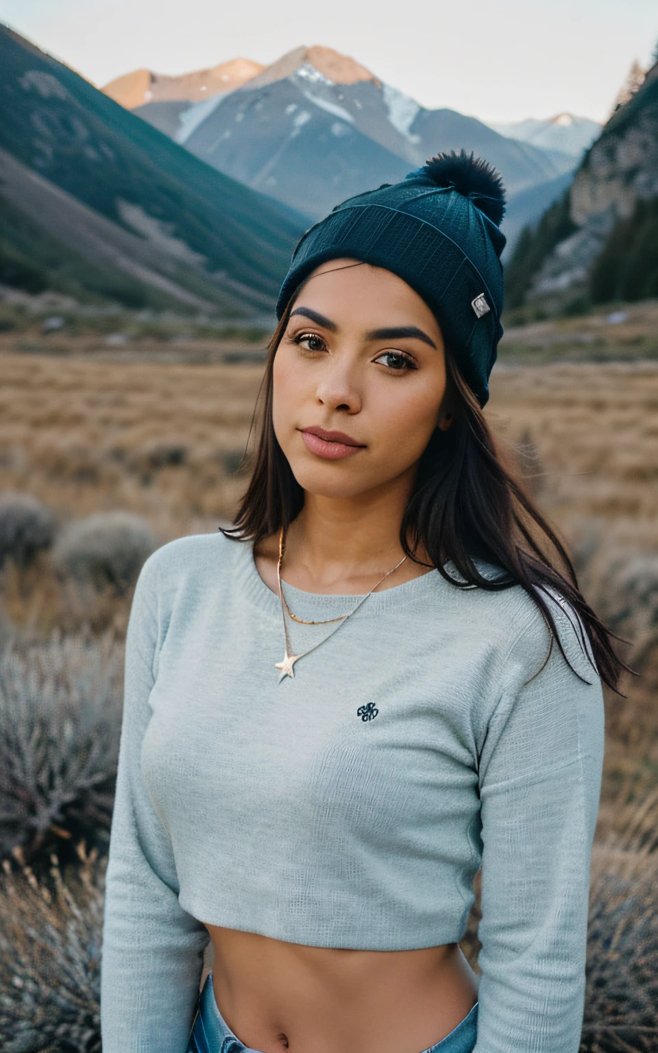 fotorrealista, La mejor calidad, hiper detallado, beautiful woman, Foto selfie, Todo el cuerpo, Uso de blusa, falda ajustada, al aire libre, (Noche), Mountains, Naturaleza de la vida real, Estrellas, luna, (alegre, feliz), saco de dormir, Guantes, pullover, Beanie, linterna, bosque, Rocas, Kali, madera, humo, diente, cielo despejado, analog style, Mirando al espectador, textura de la piel, Film grain, cerrar, ultra-high-resolution, Mejor sombra, .RAW, instagram LUT