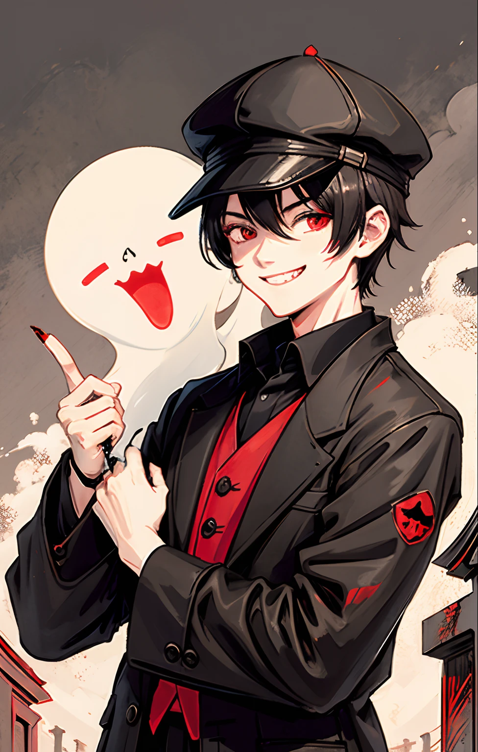 1man, boyish, red eyes, black clothing, graveyard, simple background, fog, ghost, blood, smile, pointed teeth