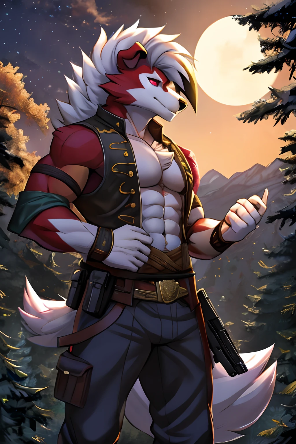 seguro, Beautiful, incredible, impressionante, poster, sozinho, (Twilight Lycanroc), antro, Clothes, usando roupas da segunda guerra alemanha , jaqueta de couro, with a gun in hand, com chapeu de general, Pants, Antecedentes detalhados, cidade, Outside, corpo fisico forte, grande peitorais estufados marcado na roupa de guerra alemanha grandes, macho, man, men