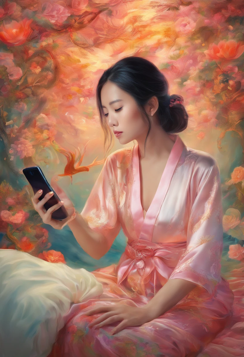 1 Asian woman looking at mobile phone screen, deitada na cama, acordada, pensive expression