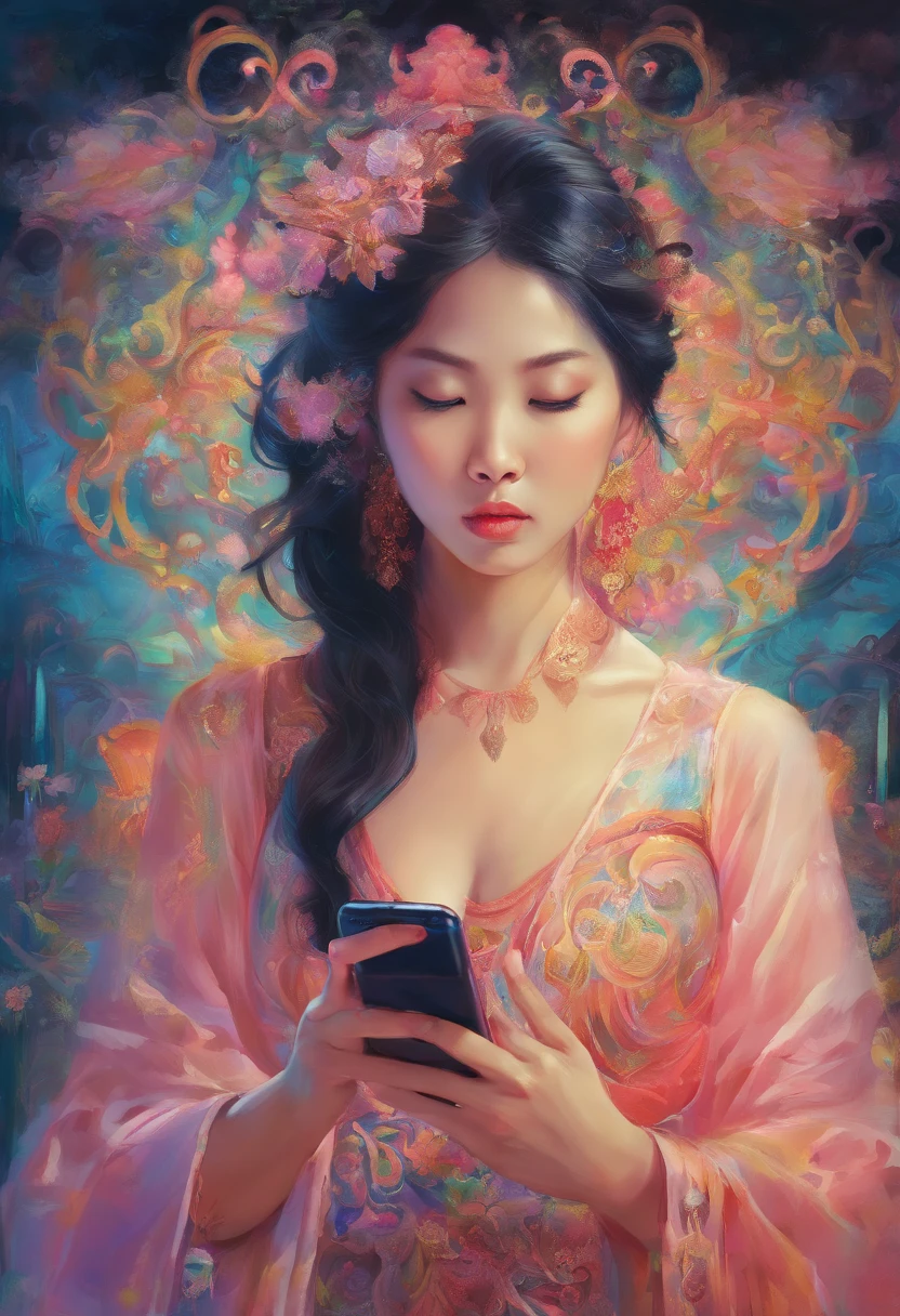 1 Asian woman looking at mobile phone screen, deitada na cama, acordada, pensive expression