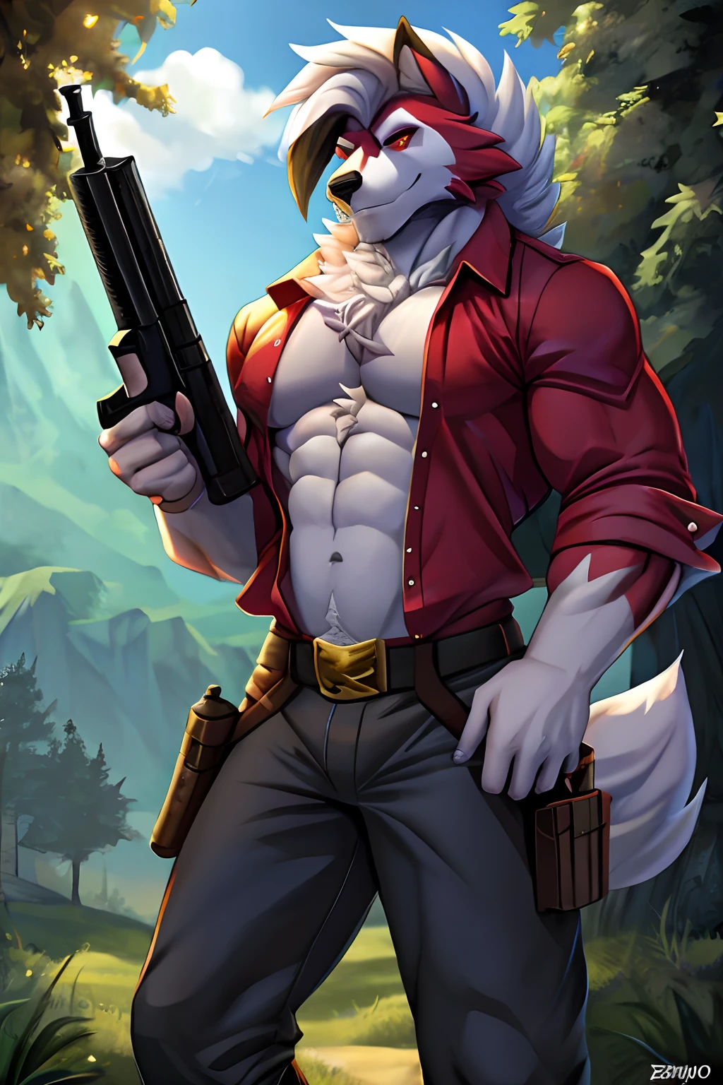 seguro, Beautiful, incredible, impressionante, poster, sozinho, (Twilight Lycanroc), antro, Clothes, usando roupas da segunda guerra alemanha , jaqueta de couro, with a gun in hand, com chapeu de general, Pants, Antecedentes detalhados, cidade, Outside, corpo fisico forte, grande peitorais estufados marcado na roupa de guerra alemanha grandes, macho, man, men