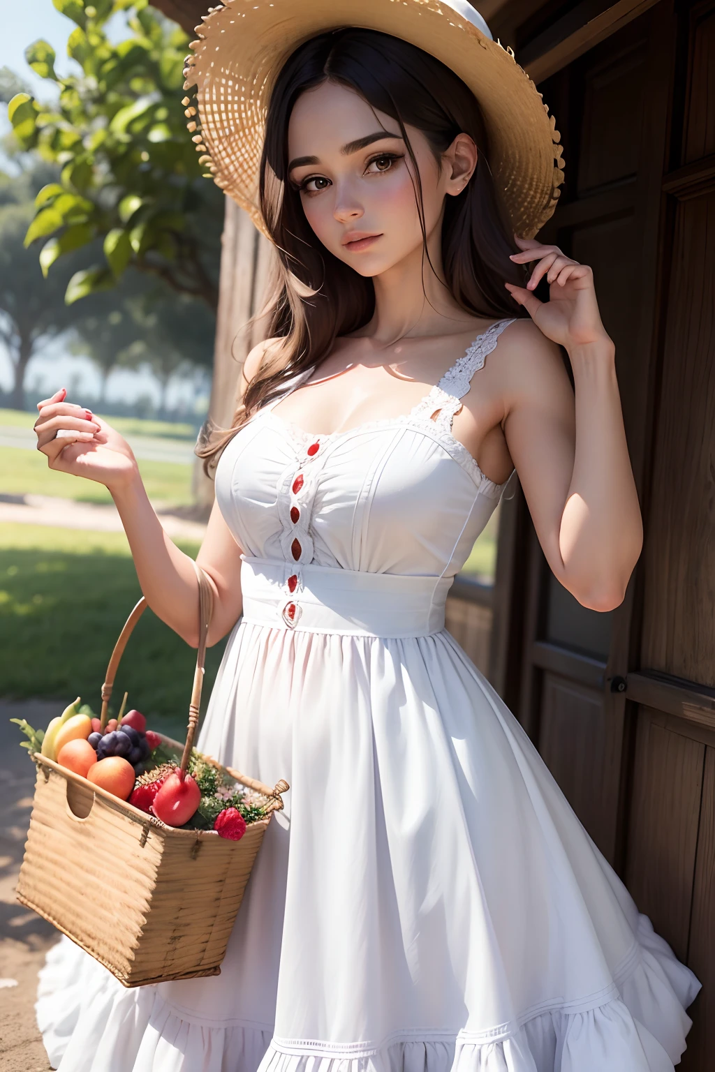 Uma mulher de vestido branco aldulta, With a basket of fruits in his hands, um chapeu de palha delicado cobrindo seu rosto