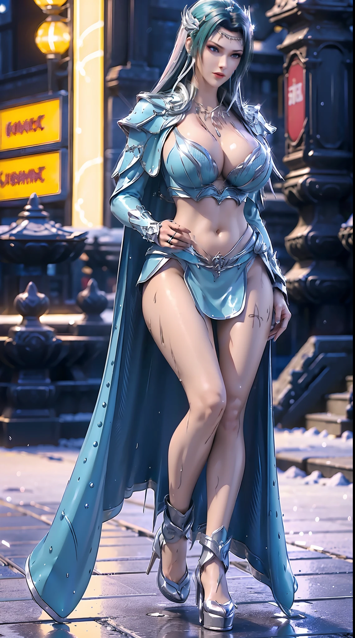 1GIRL, SOLO, COQUETTE, (HAIR ORNAMENT, NECKLACE), (WET HUGE FAKE BOOBS:1.3), (STREET CITY BACKGROUND), (ICE PHOENIX MECHA CROP TOP, ROYAL CAPE, CLEAVAGE:1.2), (SKINTIGHT YOGA HOTPANTS, HIGH HEELS:1.2), (PERFECT BODY, FULL BODY VIEW:1.5), (LOOKING AT VIEWER), (WALKING DOWN:1.2), MUSCLE ABS:1.3, ULTRA HIGHT DEFINITION, 8K, 1080P.