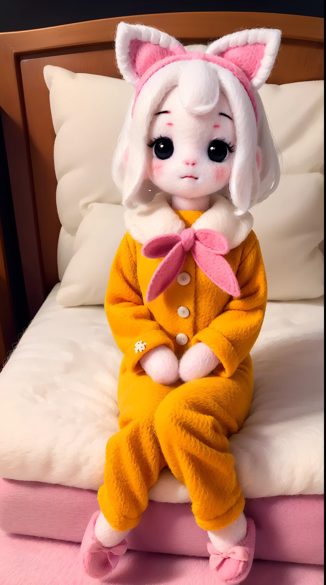 wool felt，Felt，plush ，adolable，Masterpiece, Best quality, Super detailed, illustration, Beautiful eyes, Close up, A girl. It is white hair, Pink bow, Yellow pajamas,sit on a bed.