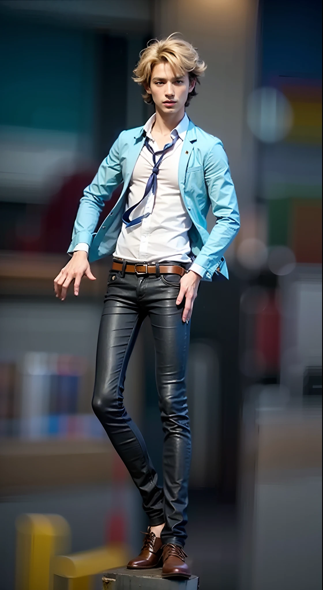 personagem oriental masculino, cabelos loiros, camisa aberta azul, camiseta de baixo branca, gravata preta, cinto de couro marrom, black jeans pants, sapato marrom