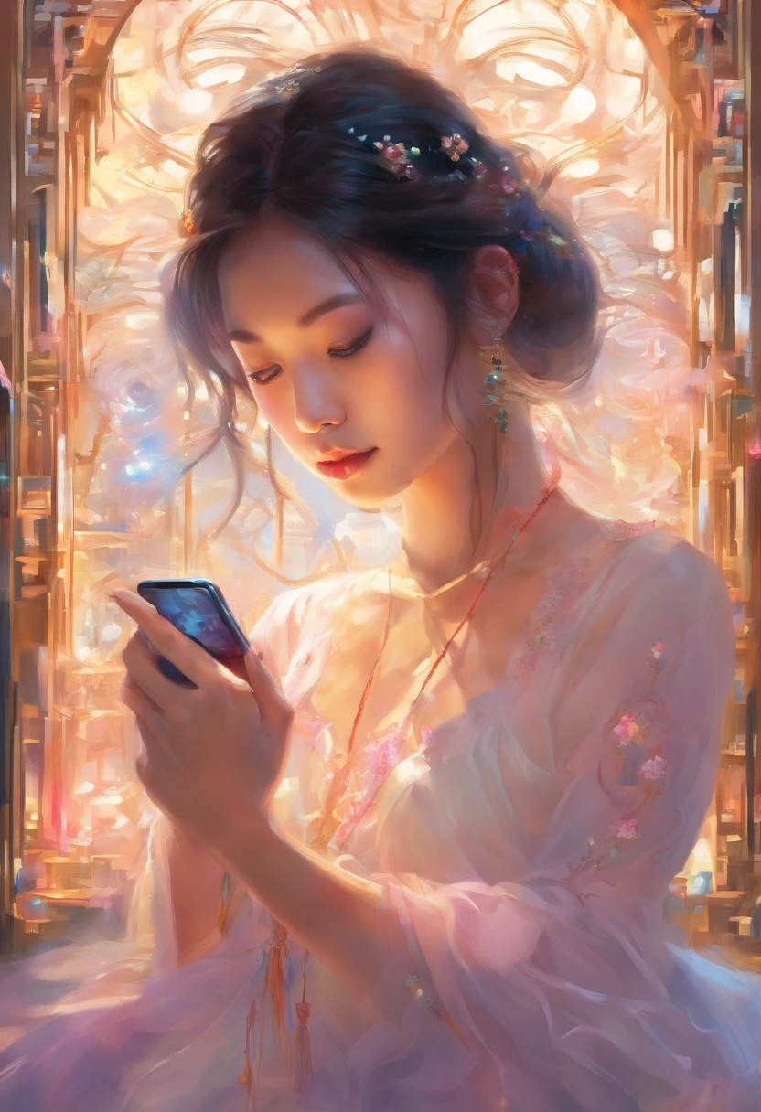 ung asian woman looking at mobile phone screen, em seu quarto, pensive expression, imagem bonita