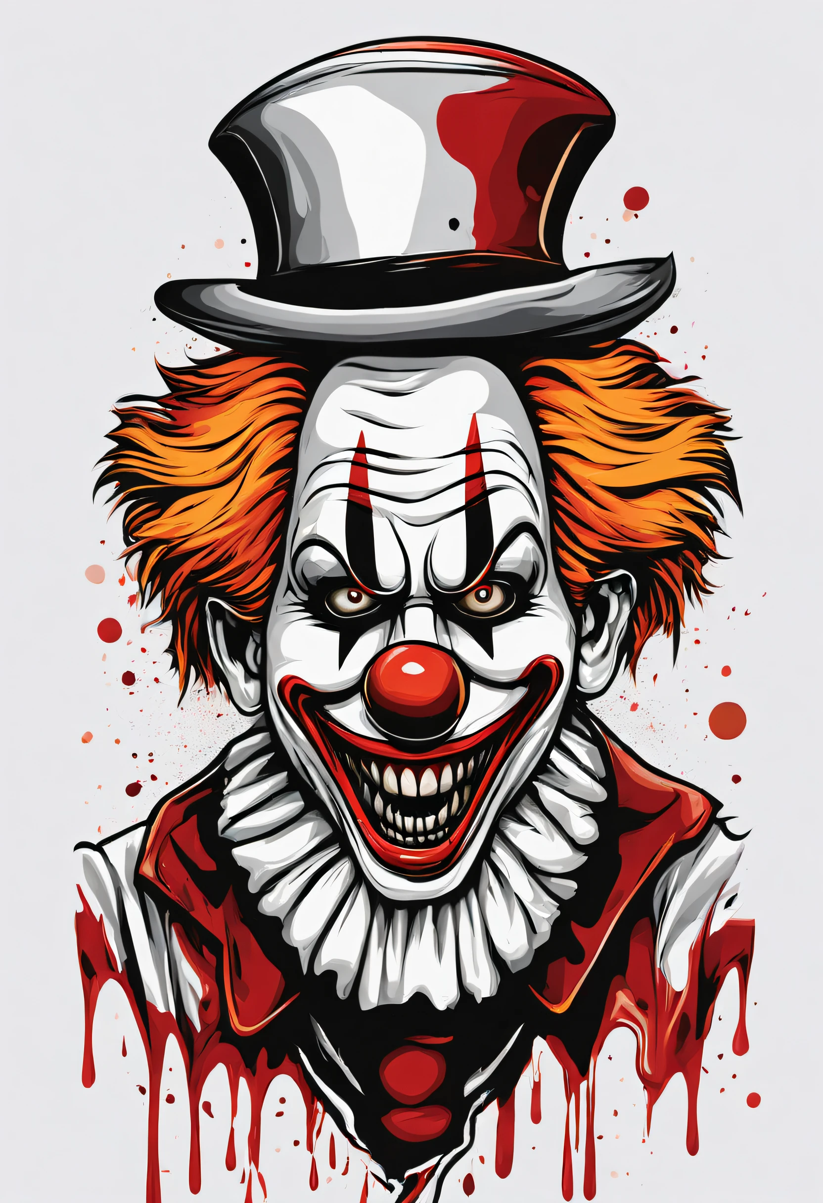 High quality design vector style image, t-shirt printing style, killer clown graphic art, white background realistic colors, Halloween theme graphic design style
