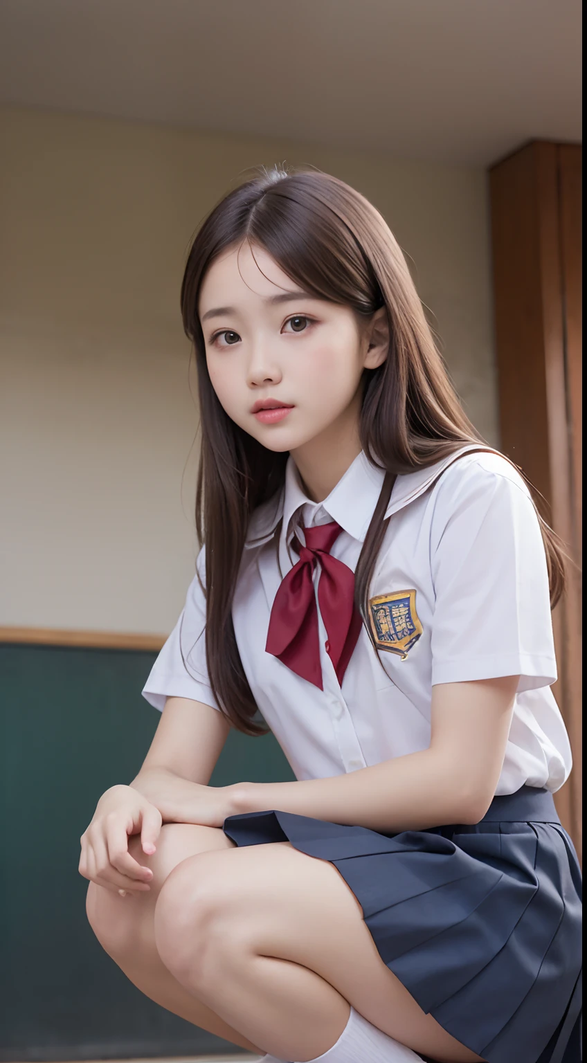 (1young girls), (extremely detailed beautiful face), Amazing face and eyes, (Best Quality:1.4), (Ultra-detailed), (extremely detailed CG unified 8k wallpaper), Highly detailed, High-definition raw color photos, Professional Photography, Realistic portrait, Amazing face and eyes, Brown eyes, (High School Uniform, Pleated mini-skirt:1.3), (High school uniform with wide open chest:1.5), Mini skirt, Brown hair, Model, (((Bokeh))), depth of fields, School, crass room, (Squatting:1.2), (:1.2), (View from below:1.2),