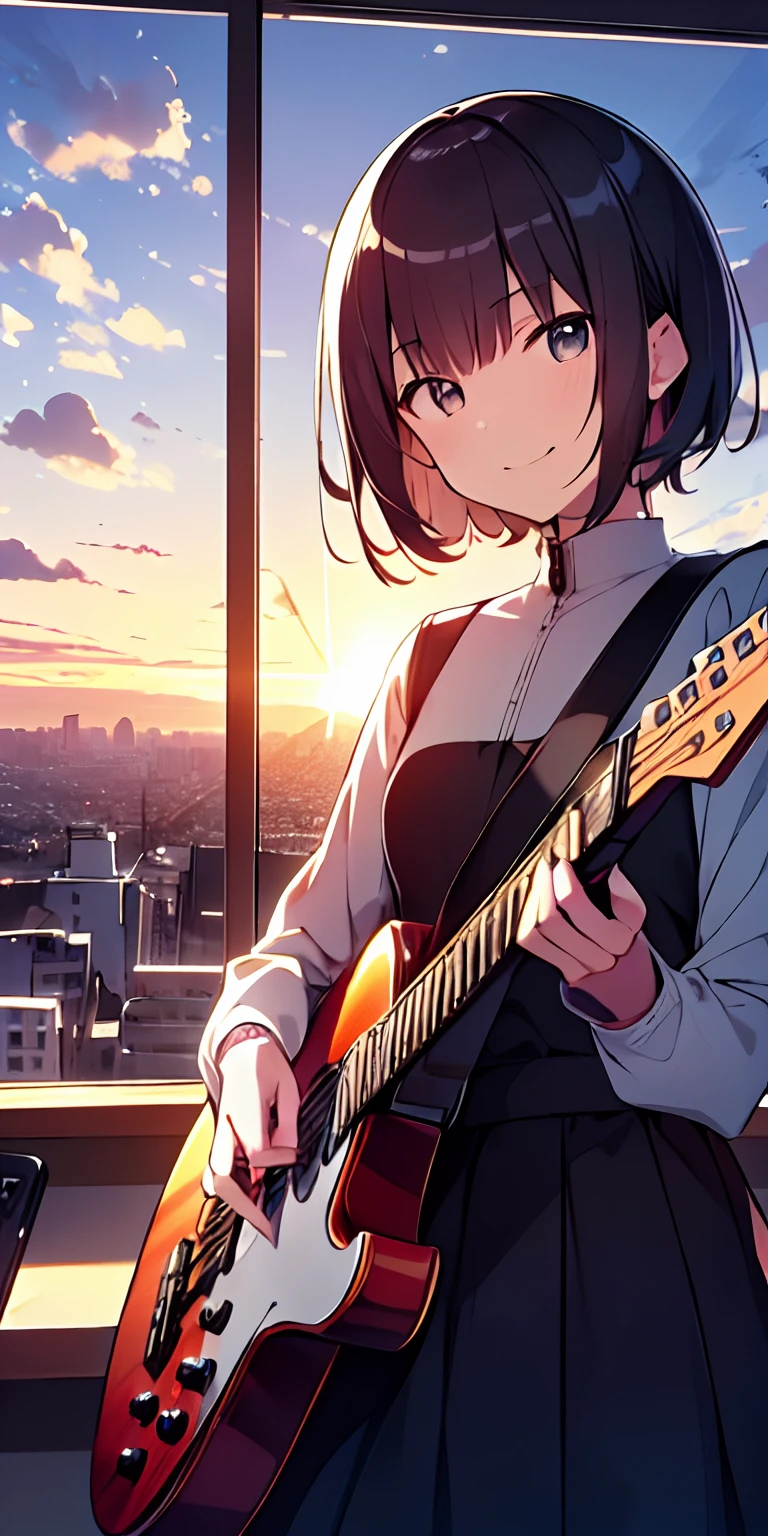 masutepiece, Best Quality,Illustration, Wallpaper, Ultra Detail, absurderes,  girl, Solo, (Medium short hair、plays the guitar、Face smile、Overlooking the city from the top of the hill、The sunset is beautiful、Versatile poses