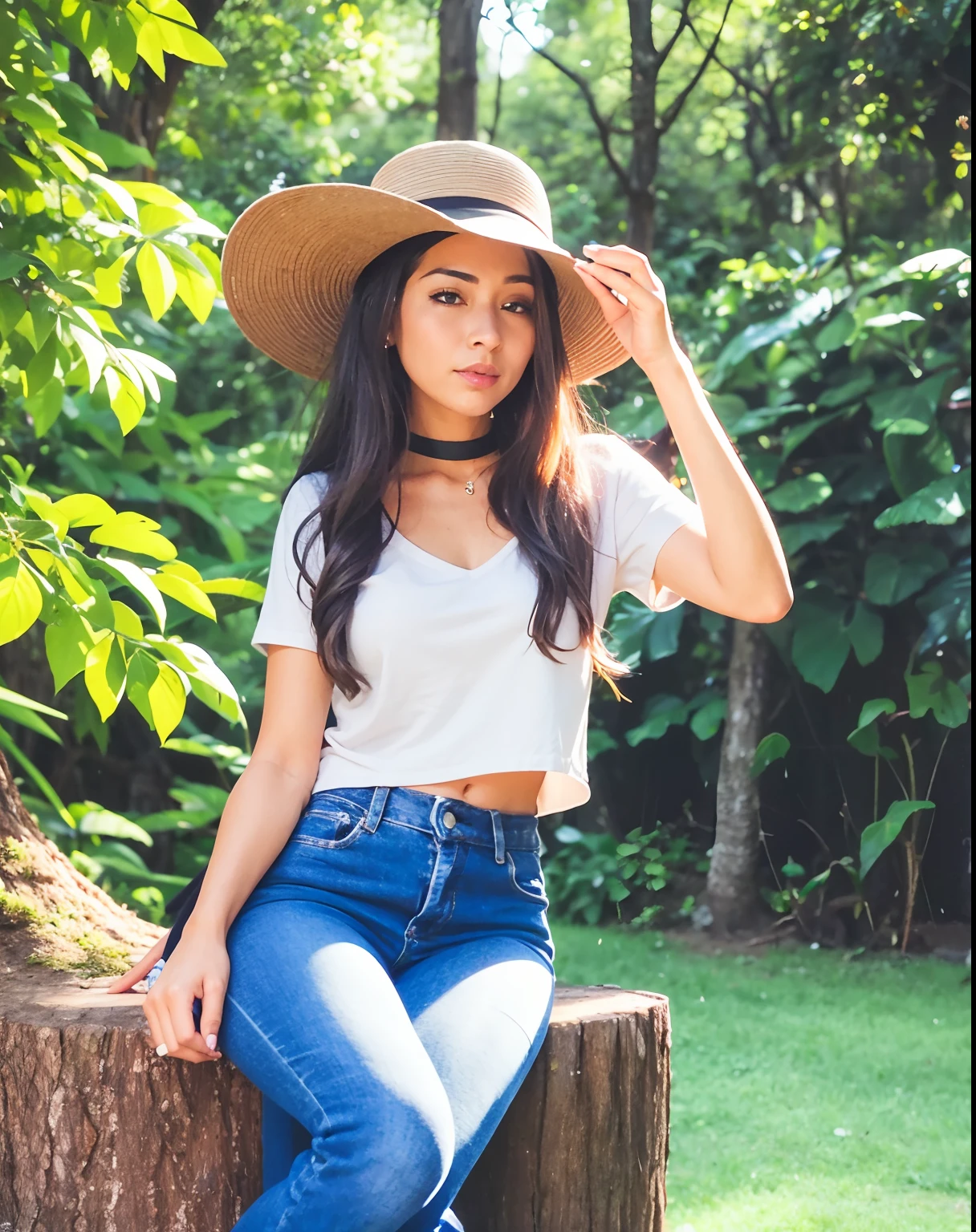 Arafed woman sitting on a tree trunk in a hat, wearing a chocker and cute hat, next to a tree, Pose casual, wearing a dark shirt and jeans, Foto de perfil, fotografia casual, no Parque, imagem retrato, modeling photography, em um parque, com uma pose cool, usando gola alta e jaqueta, tiro de comprimento total, seios fartos