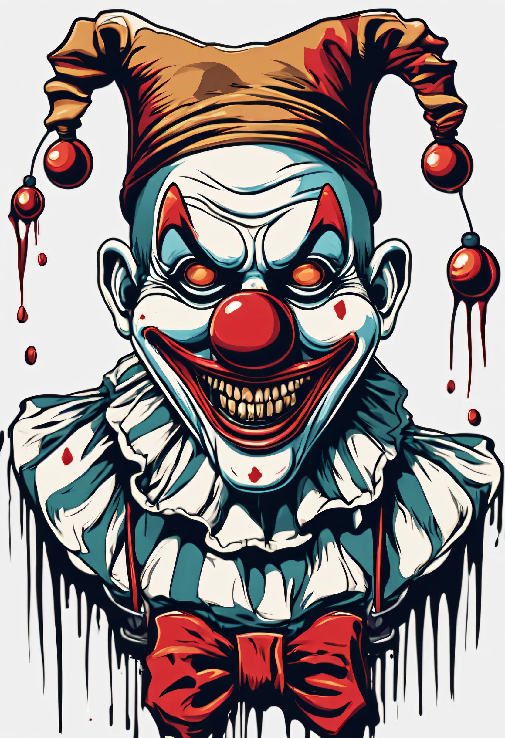 High quality design vector style image, t-shirt printing style, killer clown graphic art, white background realistic colors, Halloween theme graphic design style