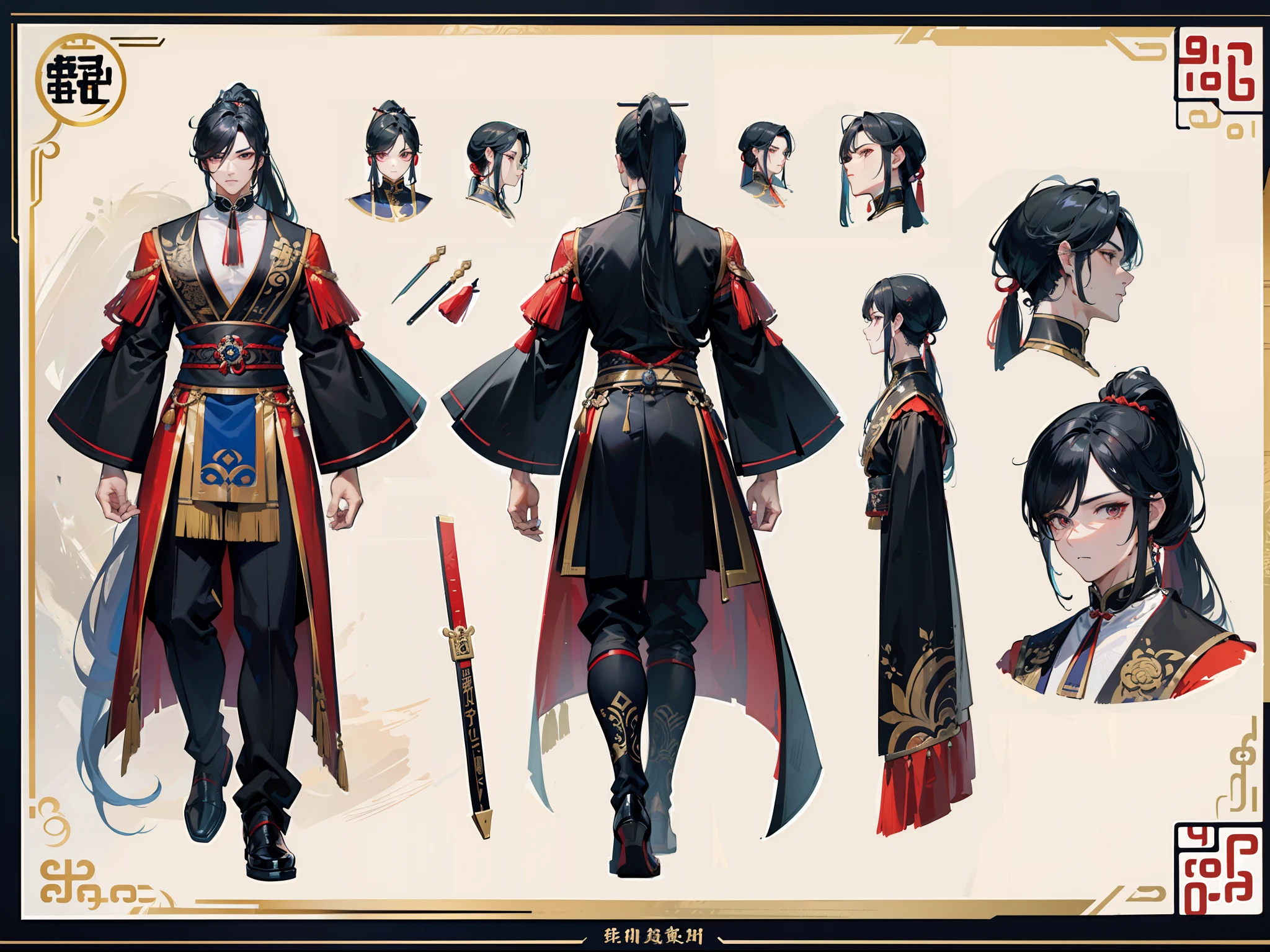 ((Masterpiece, Highest quality)), Detailed face, character design sheet， full bodyesbian, Full of details, frontal body view, back body view, Highly detailed, Depth, Many parts, Muscle boy with ponytail long black hair，handsome man, muscle body, Traditional chinese clothes, Genshin Impact, man tall,