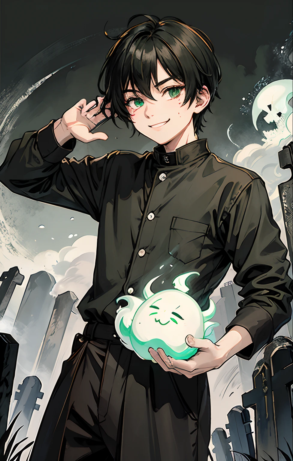 1man, boyish, green eyes, black clothing, graveyard, simple background, fog, ghost, blood, smile, wink