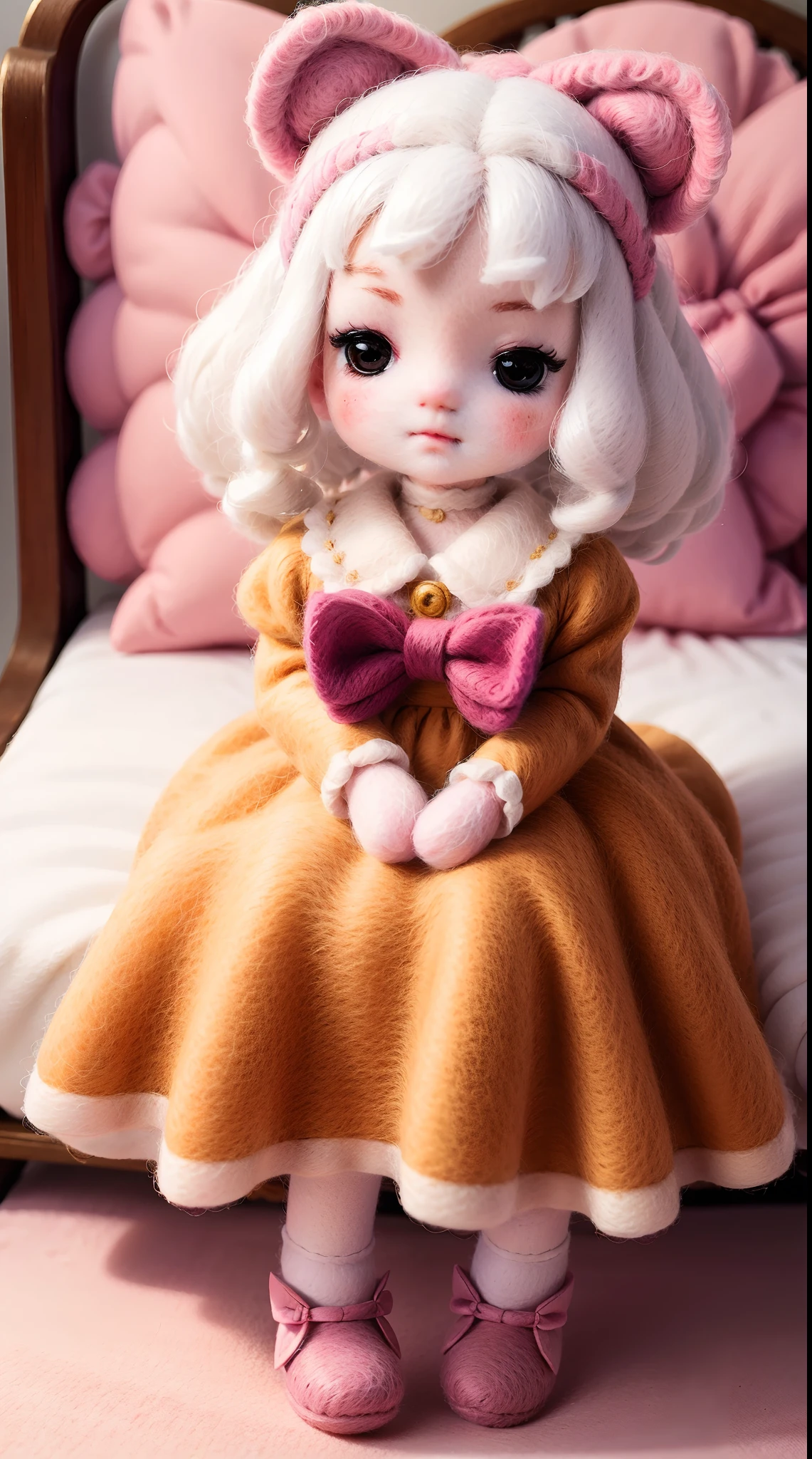 wool felt，Felt，plush ，adolable，Masterpiece, Best quality, Super detailed, illustration, Close up, A girl. It is white hair, Pink bow, dress in yellow,sit on a bed.