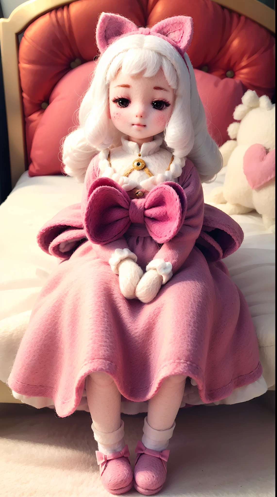 wool felt,Felt,plush ,adolable,Masterpiece, Best quality, Super detailed, illustration, Close up, A girl. It is white hair, Pink bow, dress in yellow,sit on a bed.