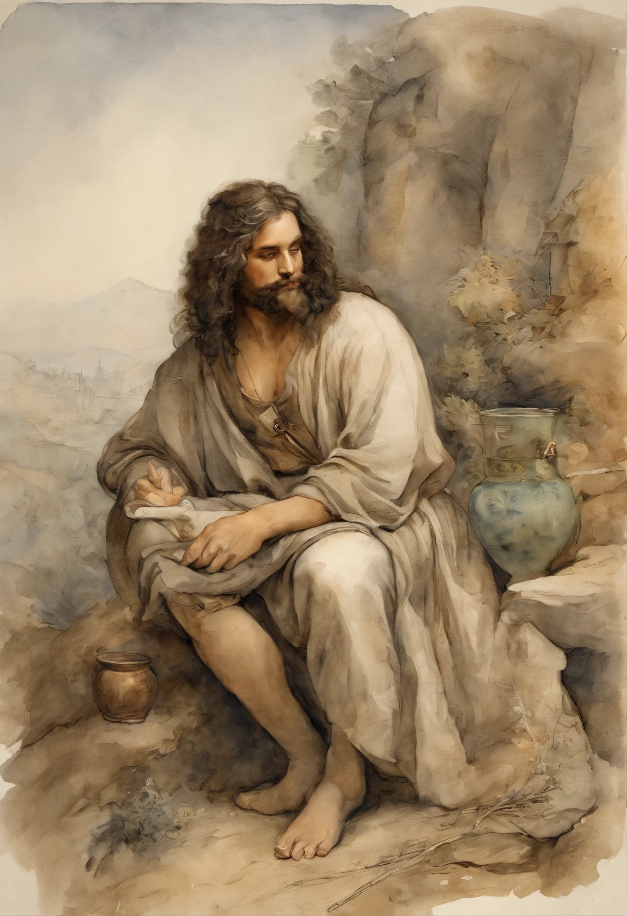 Leonardo da Vinci style painting, young man, slow black hair, {sitting on a mountain}, {wavy wild hair}, {holding a can of desperados} smoking a ciggerette} breast feeding twin s with husband in the background, {city of New-York house} {pot guns in the background}