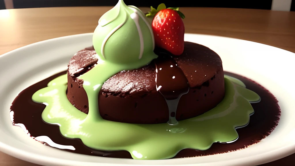 Brownies and matcha ice cream, chocolate sauce, Strawberries on top