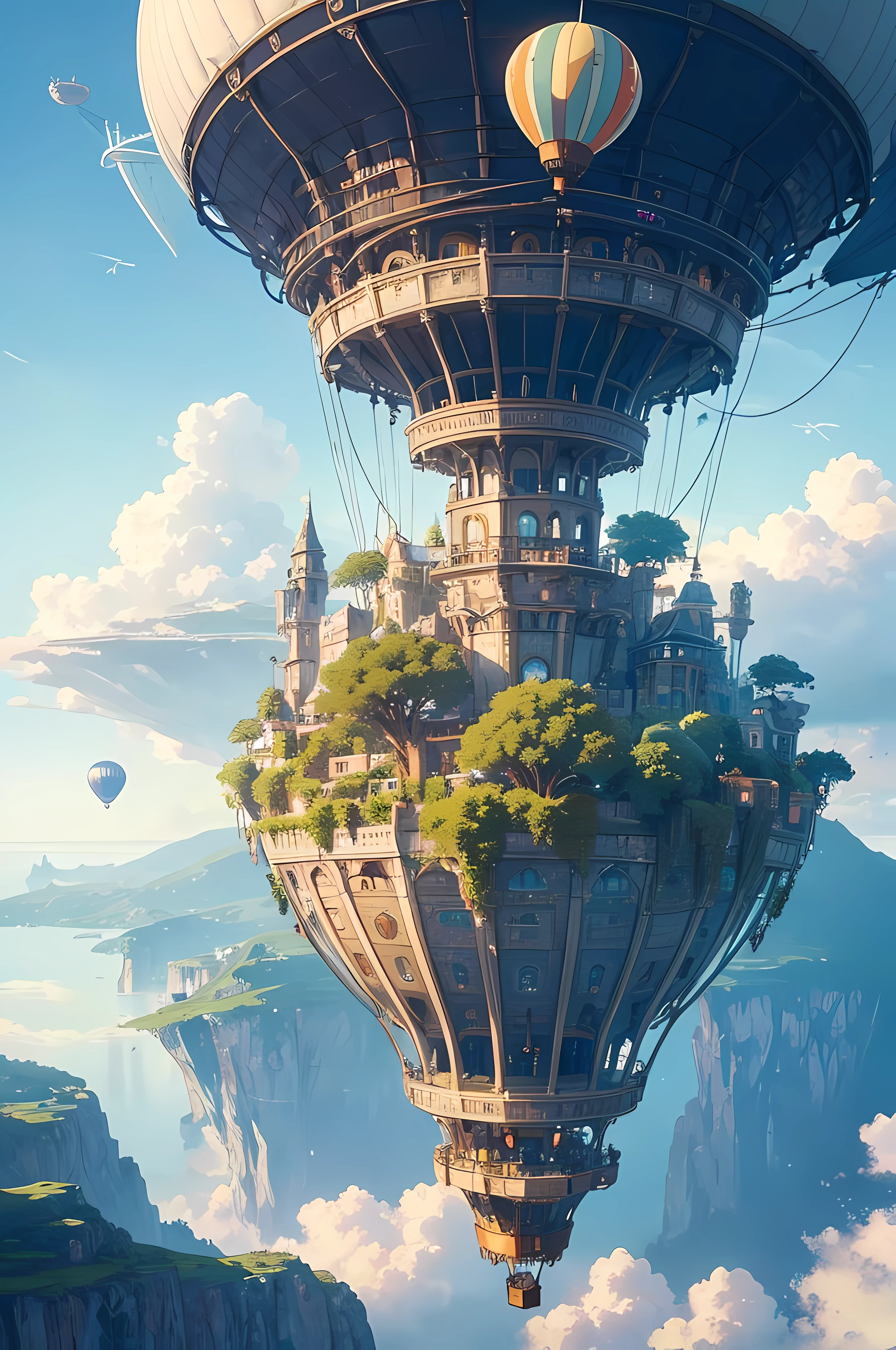 Many islands are suspended in the air with many small airships flying around, air balloon, cities, fantasy, magical plants growing, extreme details, realistic light, epic composition, (complex details), (complex design, ultra-details :1.2), Art Station, (Masterpiece, Best Quality), Ultra HD, 32k --v 6