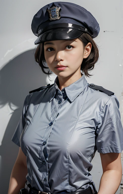 Highest image quality, outstanding details, ultra-high resolution, (realism: 1.4), ((middle shot:0.75)), highly condensed 1lady, with beautiful and a delicate face, perfect proportion, (chubby:0.3, small breasts), (wearing police uniform), background simple grey wall,