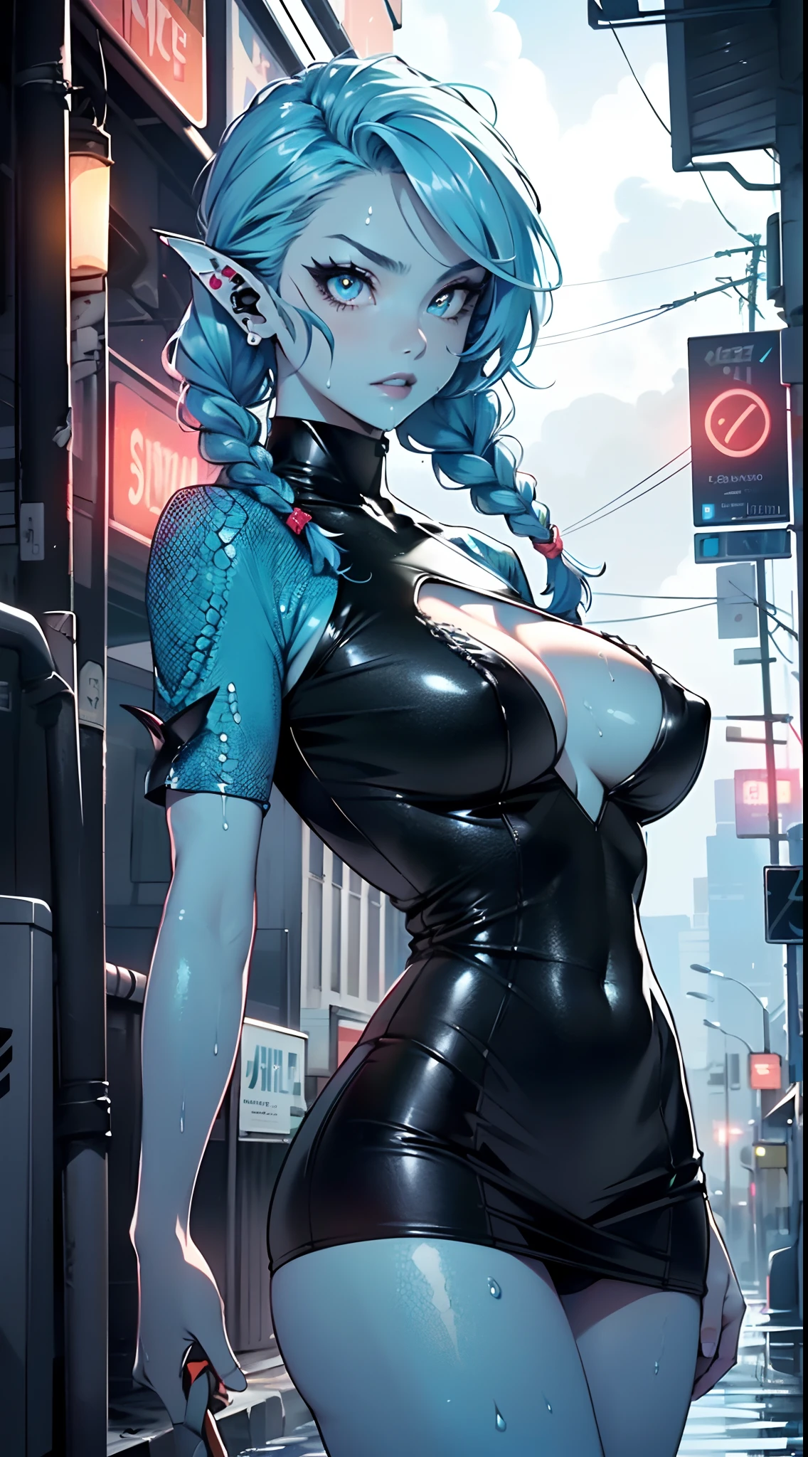 girl alien,(((1girl))),((beautiful girl alien)),
Alien Fish girl, ((blue skin:1.5)), (huge eyes:1.5), (((ear fins:1.5))), (((scaly skin:1.5))),((monster_girl)),(deep blue skin:1.5),
(light blue hair:1.5), long hair, (((braids hair:1.5))),
(glowing eyes),((heterochromia:1.5, (green_eye and blue_eye))), (((black sclera:1.5))),symmetrical eyes,(large breasts:1.4),saggy breasts,((colored inner hair,)),((fat)),(((shiny body,plastic glitter skin,exaggerated shiny skin,illuminated skin,wet legs))),(spider lower abdomen,narrow waist,wide hip,athletic body,inflated legs,detailed body,(detailed face)),
cute,slutty,seductive,erotic,((nsfw)),
zettai ryouiki,revealing clothing,show skin,((wearing underwater rave shirt with an yellow print,rave mini-skirt,visible thong straps)),(wearing a underwater rave outfit:1.3,underwater rave clothes,semi-naked,with little clothing),(((wet clothes,intricate outfit,intricate clothes))),
(dynamic pose:1.0),solo focus,embarrassed,(centered,scale to fit dimensions,Rule of thirds),
cyberpunk city by the ocean at night, with bright neon signs and dark stormy clouds and puddles, scenery:1.25,
artistic photography,(photography taken by sldr),highres, sharp focus, (ultra detailed, extremely detailed), (photorealistic artwork:1.37),(extremely detailed CG unity 8k wallpaper),((synthwave background theme)),(((vibrant colors))),(intricate background),(masterpiece),(best quality),