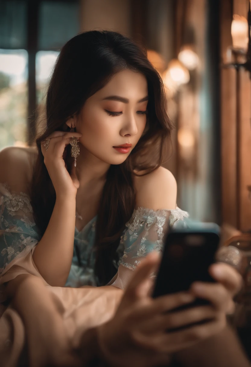 1 asian woman looking at mobile phone screen, em seu quarto, anime, imagem bonita, com brilho