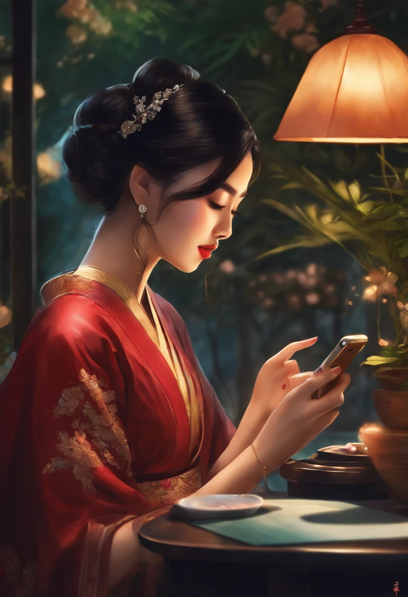 1 asian woman looking at mobile phone screen, em seu quarto, anime, imagem bonita, com brilho