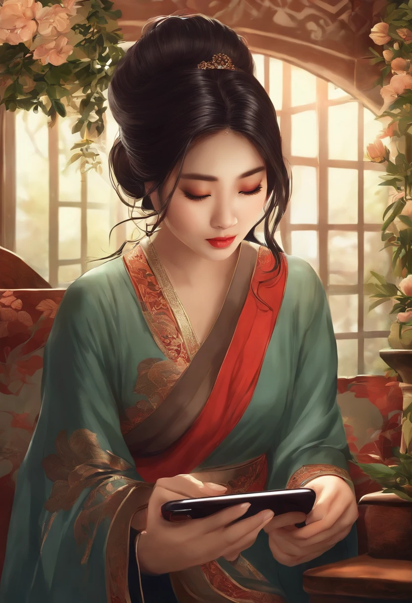 1 asian woman looking at mobile phone screen, em seu quarto, anime, imagem bonita, com brilho