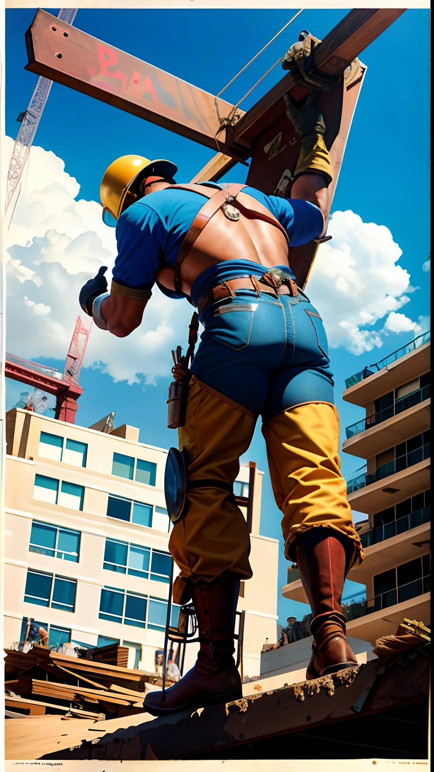 Arte Buscema, Vintage poster of a "soldador" Welding an iron plate on top of a building under construction, todo equipado, minucioso em seu trabalho, imagem perfeita e detalhada