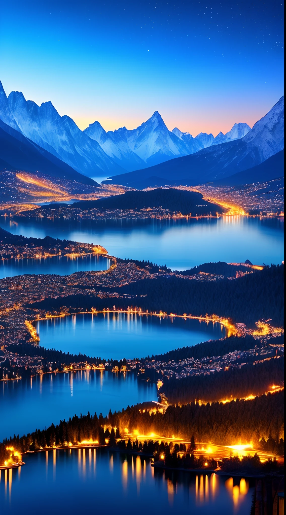 Beautiful night view with pictures of lakes and mountains, Magnificent background, Amazing wallpapers, 4K HD wallpapers very detailed, wallpaper hd, Very Beautiful Digital Art, Beautiful wallpaper, Beautiful art UHD 4 K, heaven on earth, magical sparkling lake, Blue night, detailed dreamscape, magical scenery, 4k highly detailed digital art, wallpaper 4 k