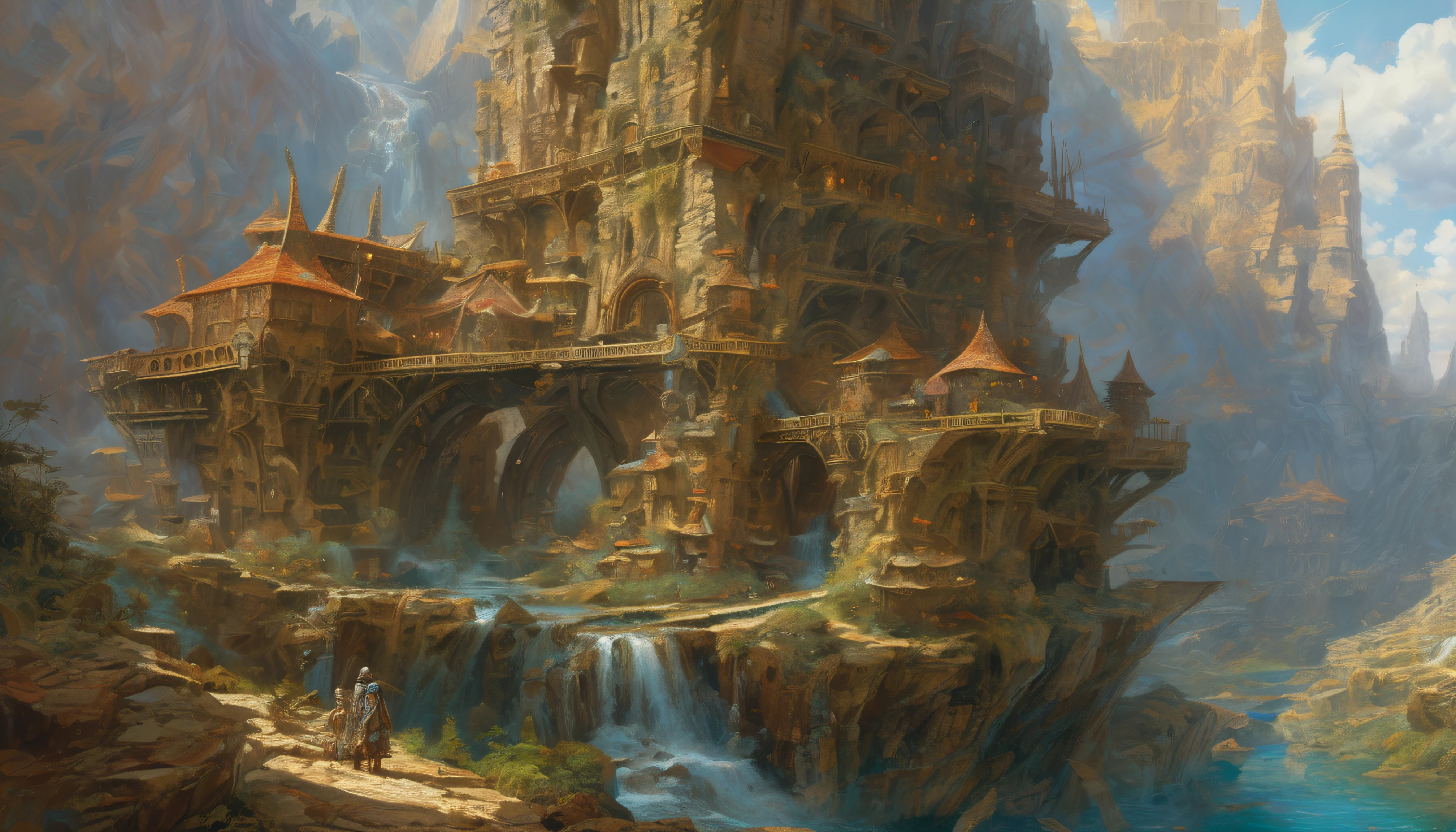 "(by Greg Rutkowski: 1.2), (masterpiece), ((best quality)), extremely delicate and beautiful, illustration, (fantasy landscape), A mesmerizing fantasy landscape with enchanting elements blending seamlessly. ((Henne Mines from final fantasy XII)), A sense of tranquility and wonder fills the air, inviting exploration and discovery. Providing a distant view that captures the grandeur and atmosphere. From Brian Froud and Carne Griffiths and Wadim Kashin and John William Waterhouse, 8K post-production, high resolution, hyperdetailed, depth of field, HDR, intricate"