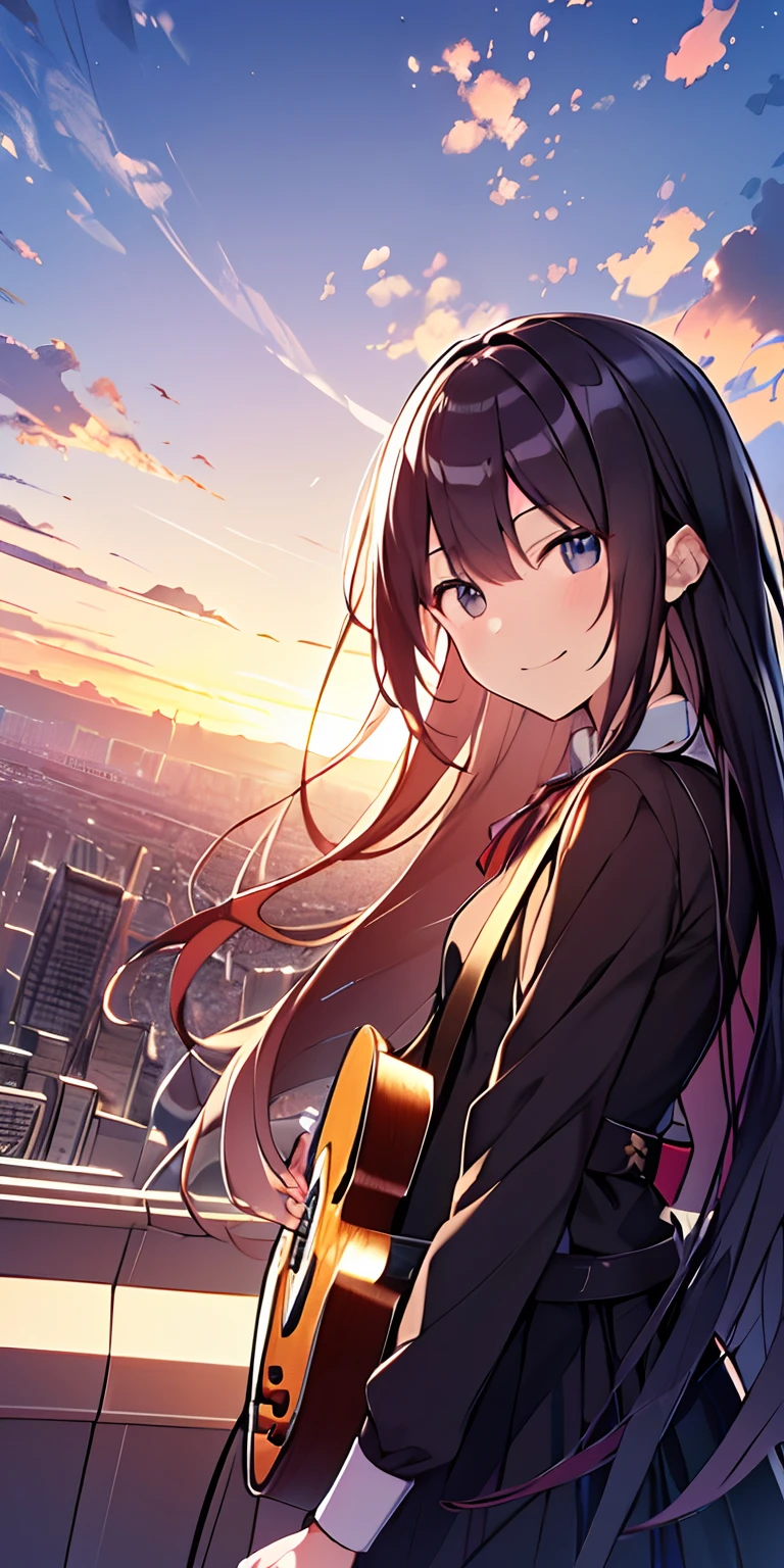 masutepiece, Best Quality,Illustration, (Wallpaper), Ultra Detail, absurderes,  girl, Solo, (Medium long hair、plays the guitar、Face smile、Overlooking the city from the top of the hill、The sunset is beautiful、Versatile poses、Hair fluttering in the wind