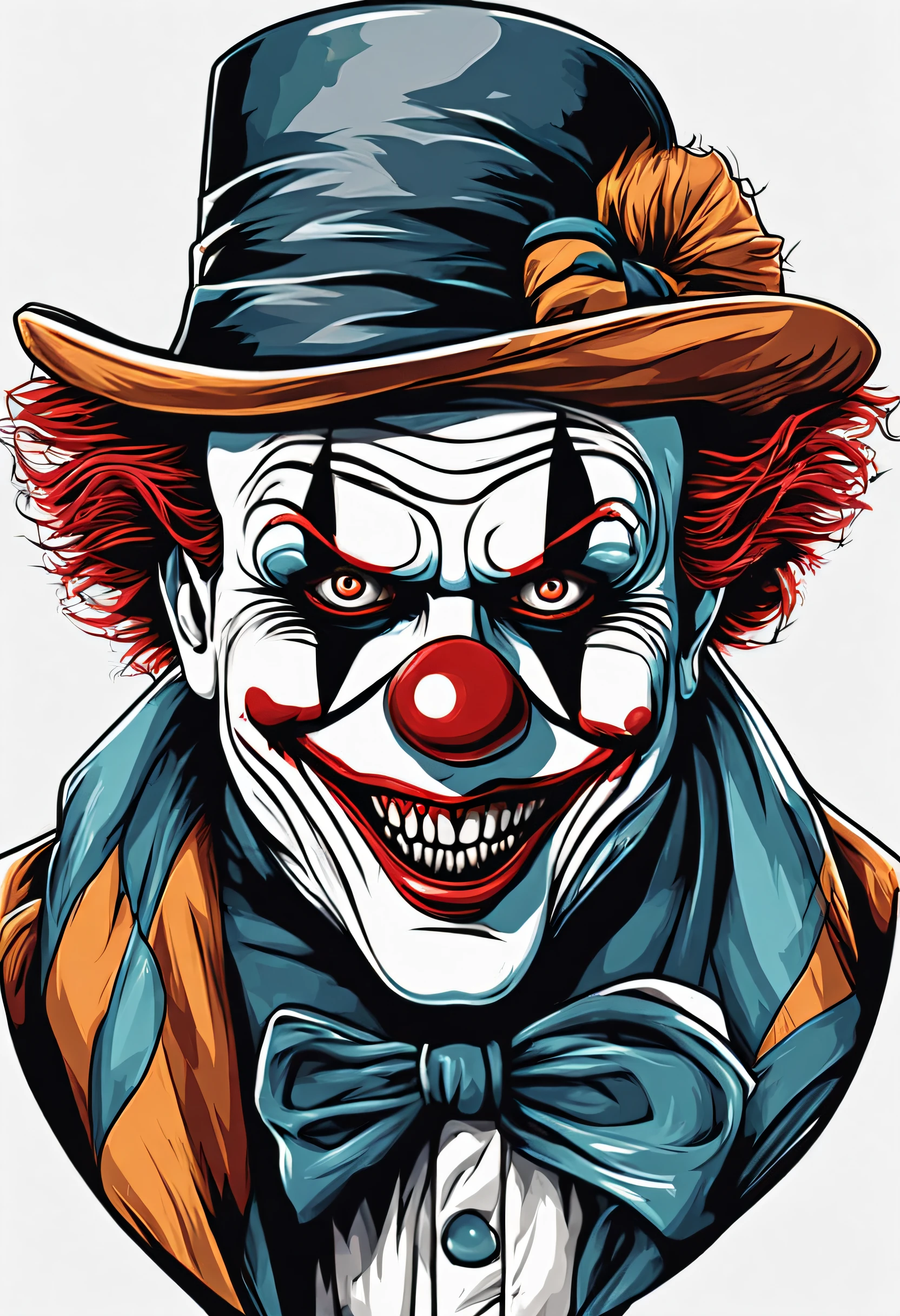 High quality design vector style image, t-shirt printing style, killer clown graphic art, white background realistic colors, Halloween theme graphic design style