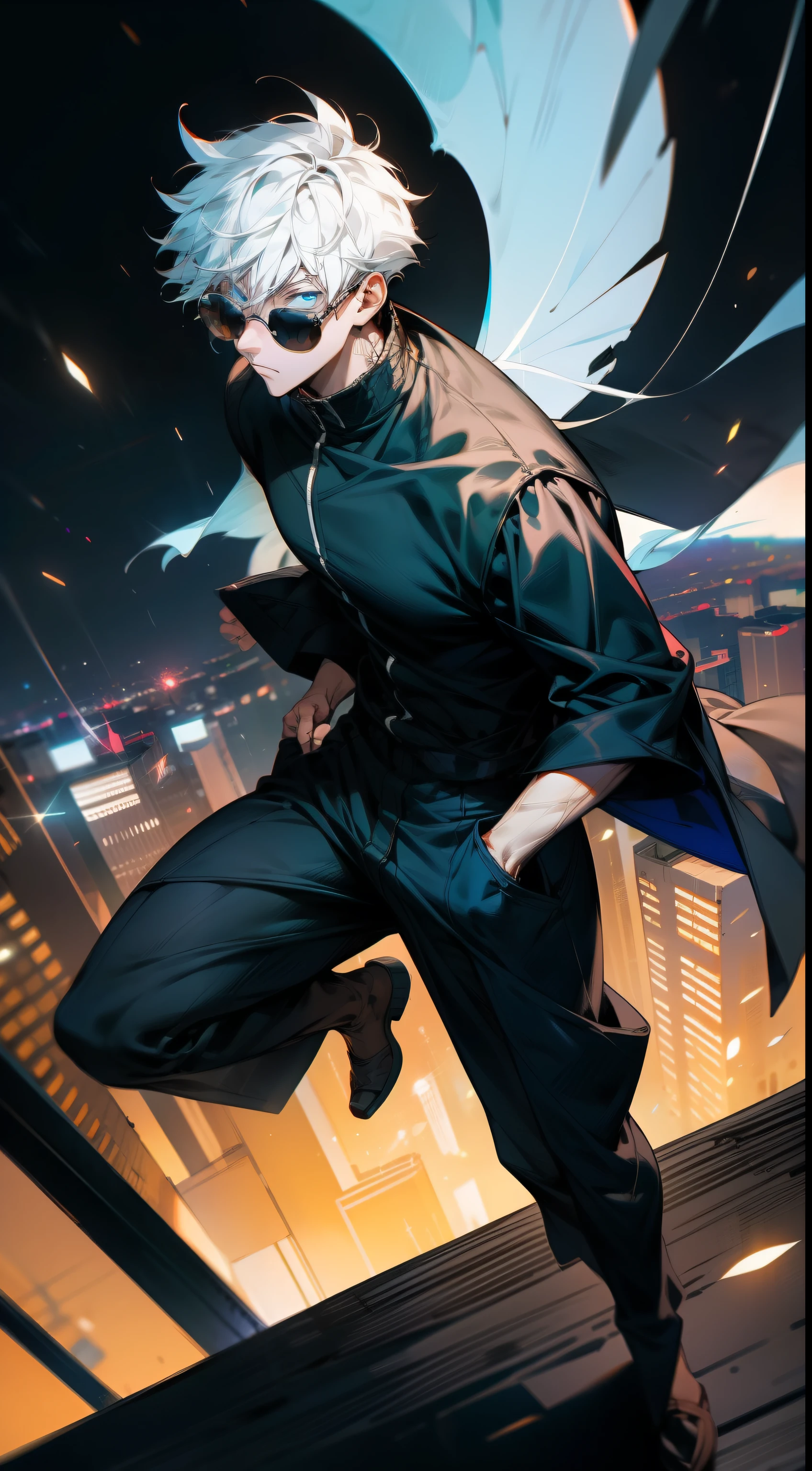 masterpiece, best quality, 1boy, (Gojo), jujutsu kaisen, short hair, white hair, standing, black clothes, sunglasses, aura power, night, natural light, flying above the city, electric background, blue eyes, detailed face, detailed eyes, male focus, movie composition, deth of field, bokeh, (futuristic), (full body), (masterpiece), best quality, expressive eyes, perfect face,